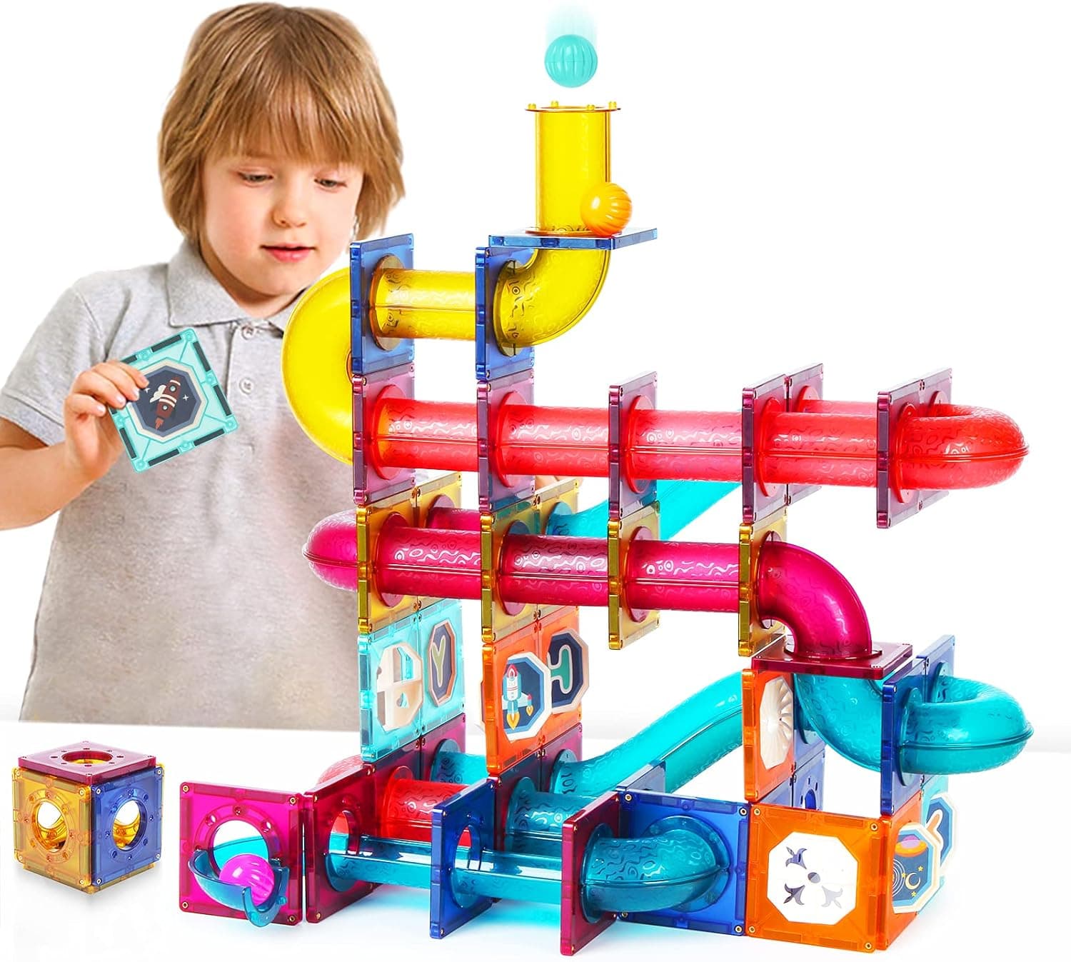 Gamzoo Magnet Marble Run-Speedy Magnetic Tiles Race Track! Building Blocks Toys STEM Learning Kit for Boys Girls Age 4 5 6 7 8+ Years Old (110 pcs)