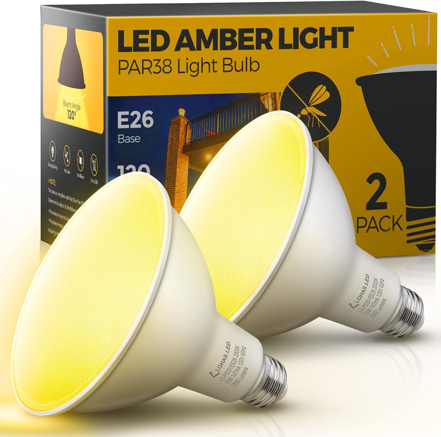 LOHAS Yellow Bug Light Bulbs Outdoor, PAR38 LED Flood Light Outside, 150-200W Equivalent 2000K Non-Attracting, 15W 1300LM Dimmable Amber Porch Lights, E26 Base for Patio, Deck, Backyard, Party, 2 Pack