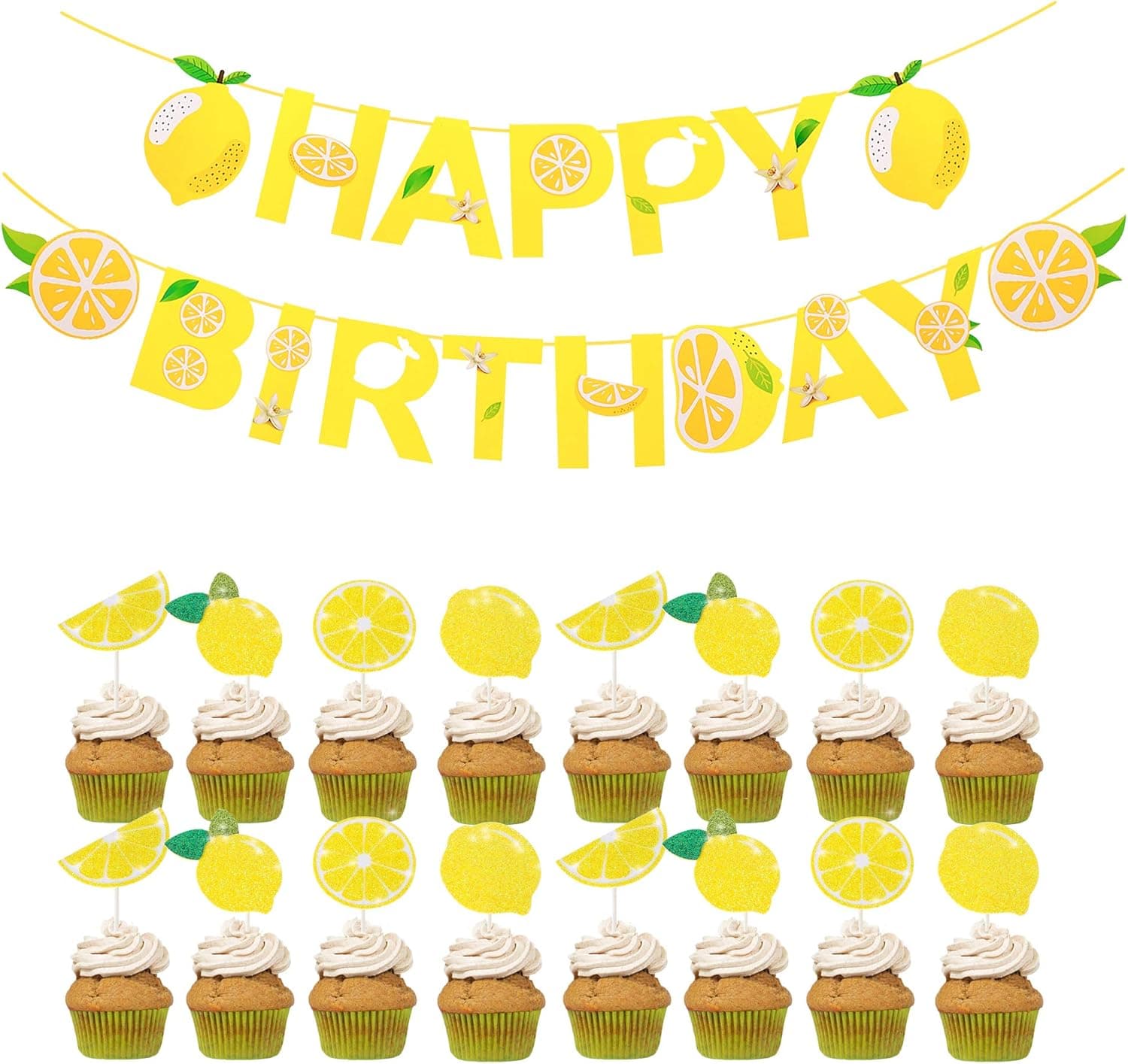 Lemonade Party Decoration,Lemonade Happpy Birthday Banner and Lemonade Cupcake Toppers 24pcs set for Summer Lemonade Party Decoration Supplies