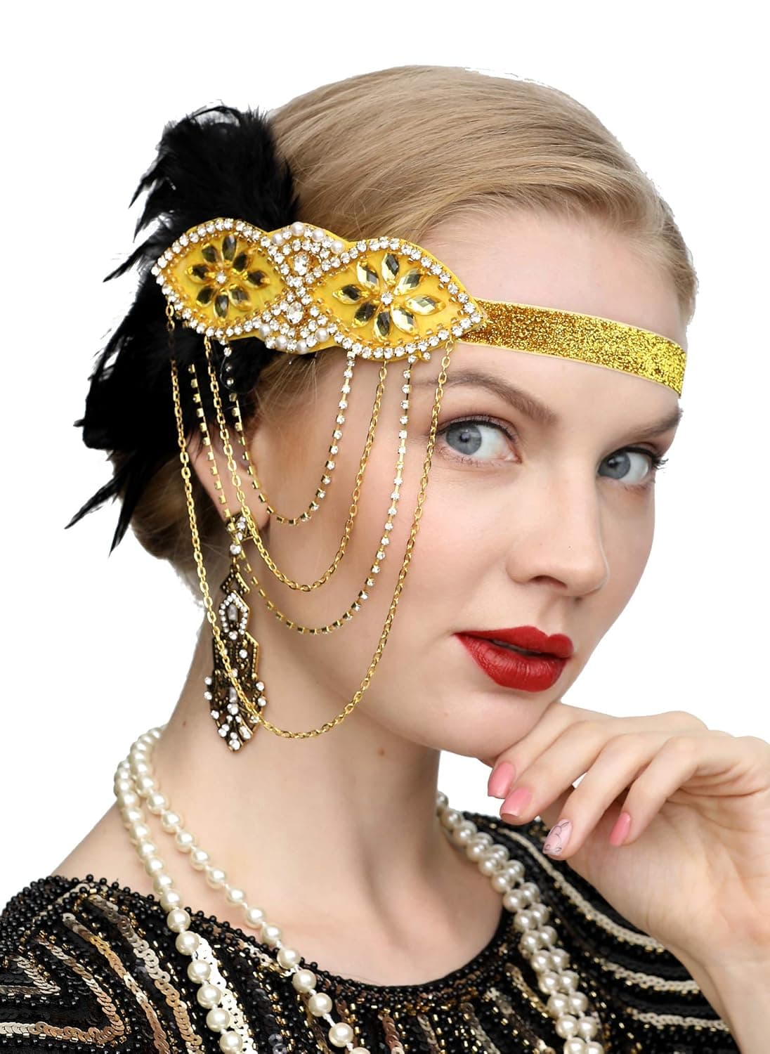 Cizoe Vintage Black Feather 20s Headpiece 1920s Flapper Headband Roaring 20s Headband(F-gold)
