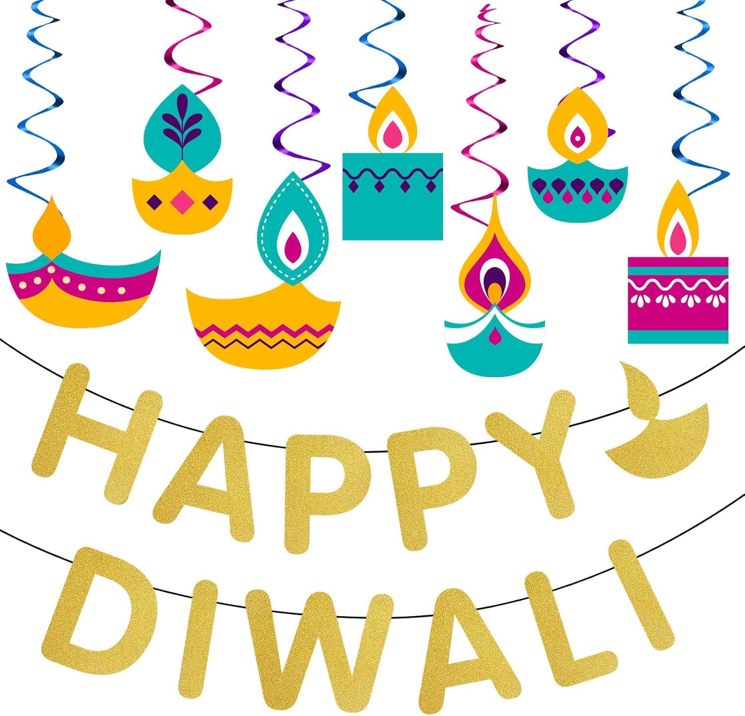 Diwali Decorations for Party,Funnlot 15PCS Diwali Decorations for Home With Glitter Happy Diwali Banner Diwali Hanging Swirl Decorations for Festival of Lights Party