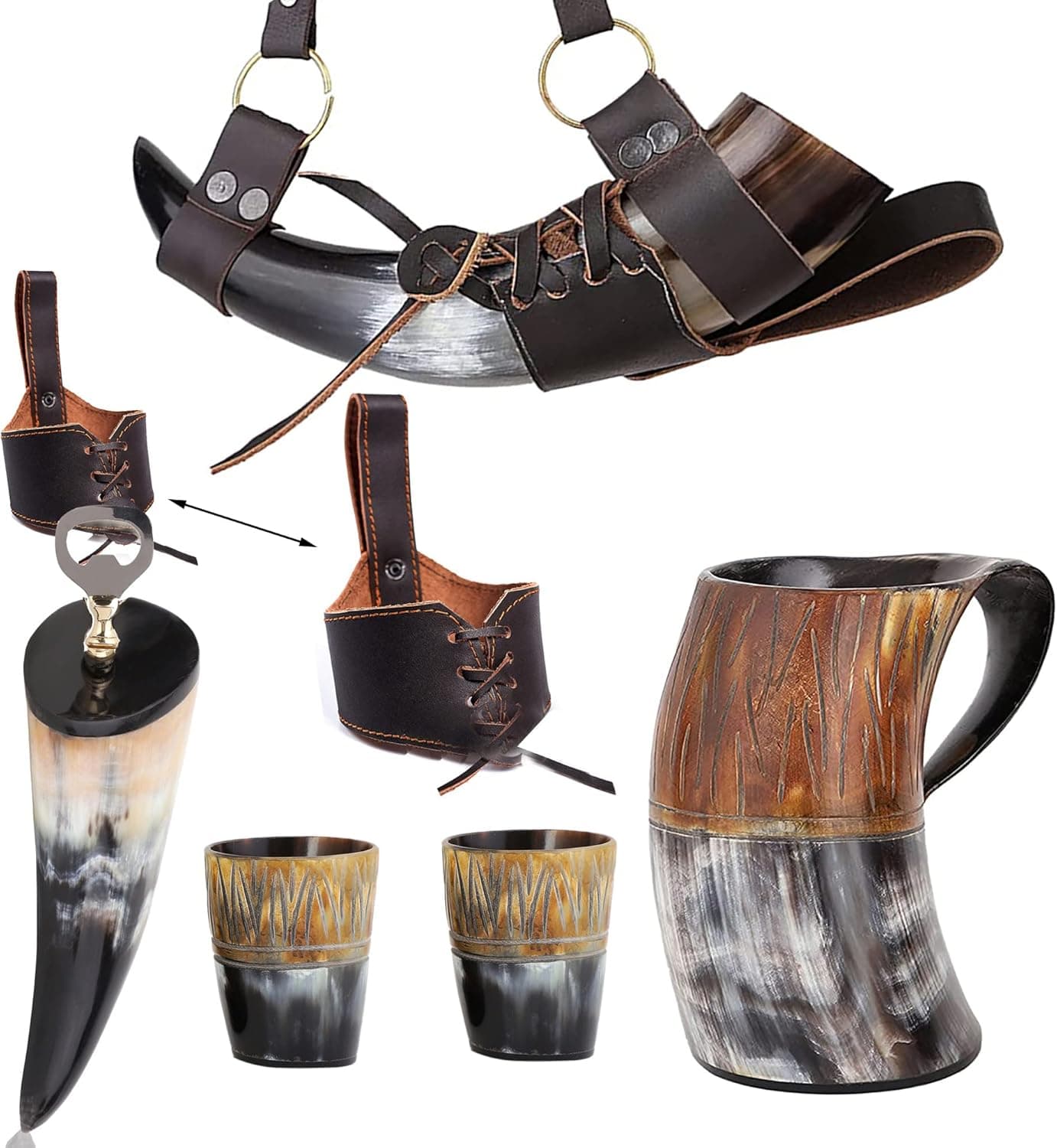 Viking Drinking Horn Set Authentic Natural Ox-Horn Handmade Tankard for Beer Mead Wine Ale Water Drinking Mug with Drinking Horn Belt Holster Neck Strap Shot Cup Bottle Opener