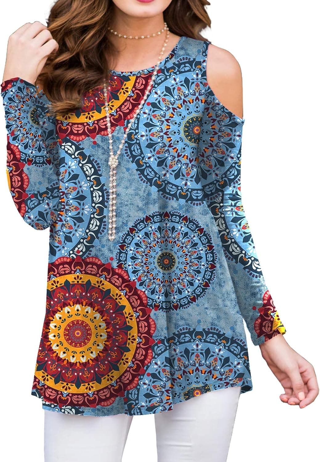 PrinStory Women's Blouse Tunic Tops Short/Long Sleeve Cold Off Shoulder Round Neck Casual Loose Shirts