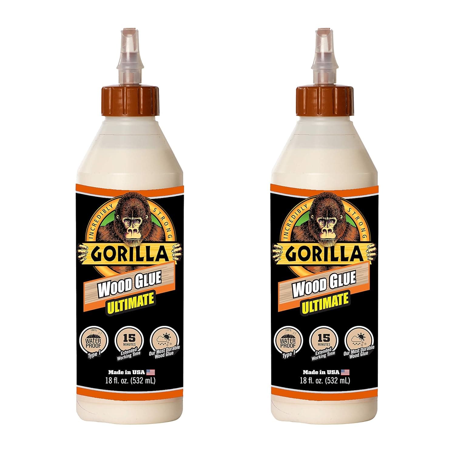 Gorilla Ultimate Waterproof Wood Glue, 18 Ounce, Natural Wood Color, (Pack of 2)