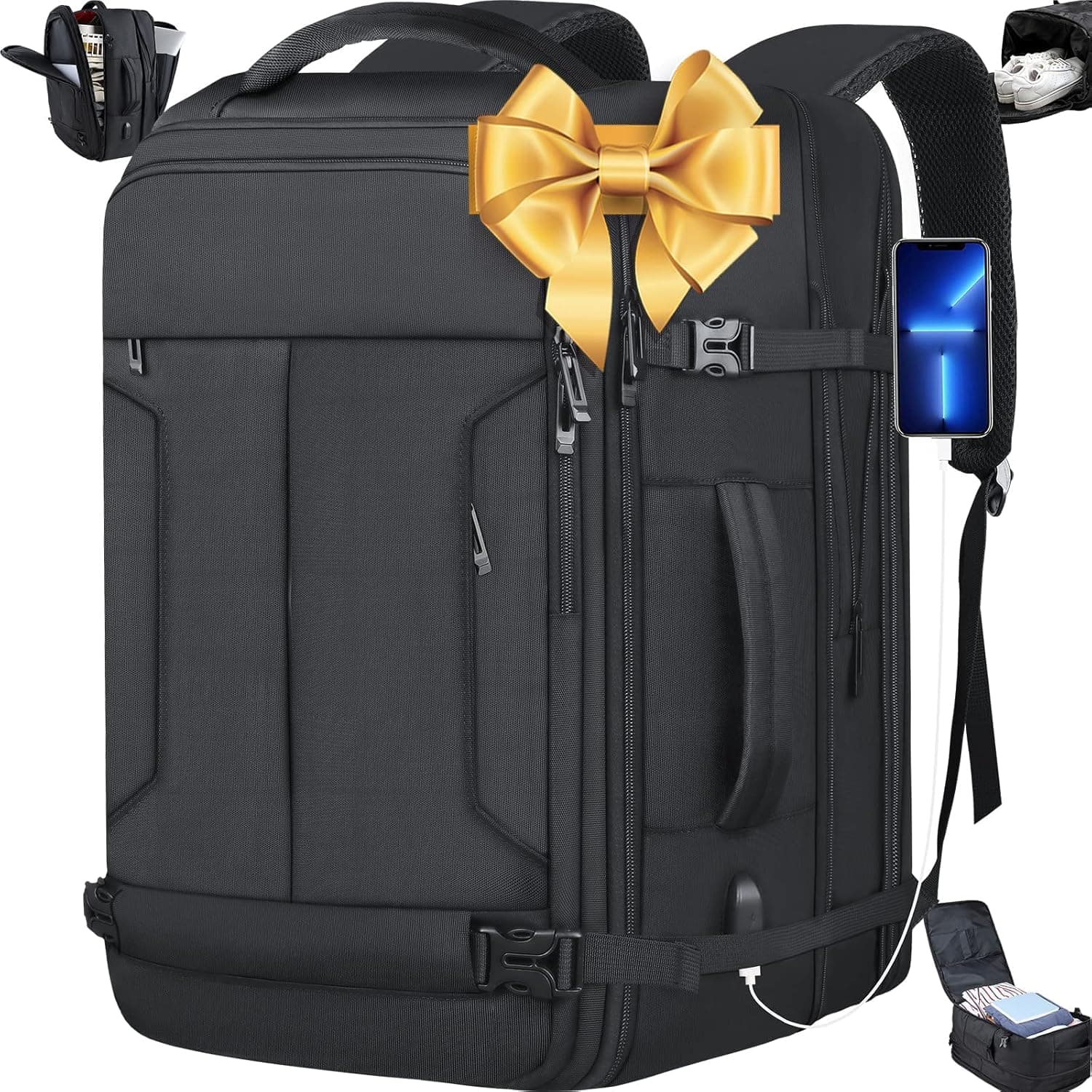 Carry On Backpack, Large Travel Backpack, 50L Backpack, 18 Inch Convertible Lightweight Expandable Travel Back Pack for Men Carry on, TSA Black Luggage Suitcase Backpack Mens Travel Gifts 17.3
