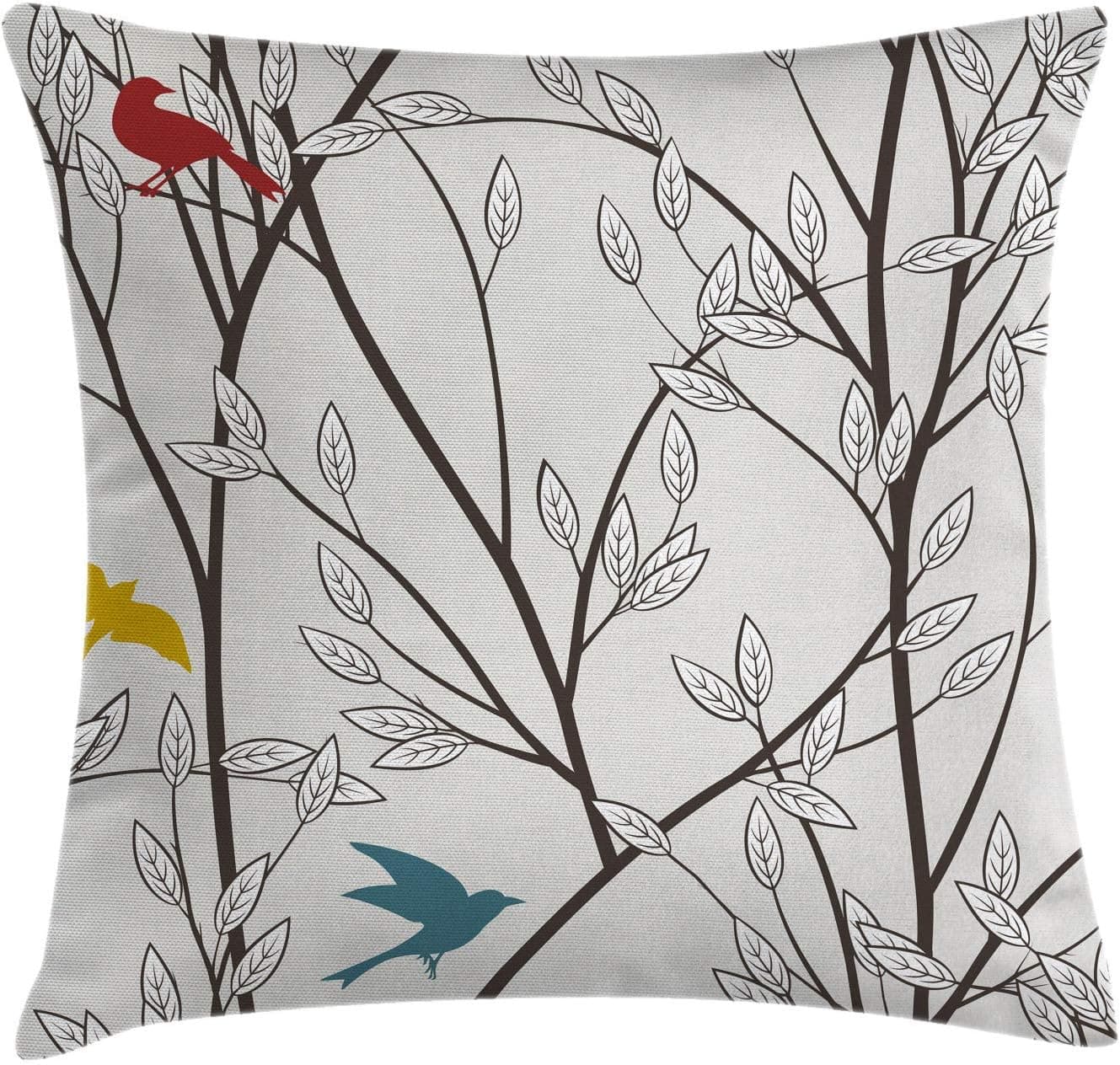 Ambesonne Nature Throw Pillow Cushion Cover, Birds Wildlife Cartoon Like Image with Tree Leaf Art Print, Decorative Square Accent Pillow Case, 16" X 16", Mustard Maroon