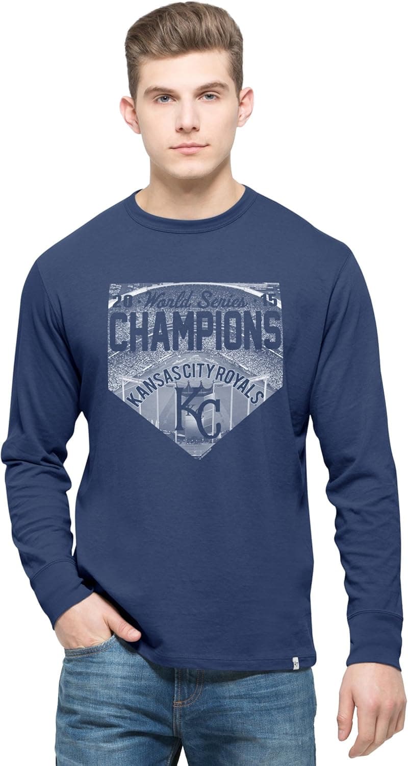 MLB Kansas City Royals Men's 2015 World Series Champions '47 Crosstown Long Sleeve Flanker Tee, Bleacher Blue, Large,Bleacher Blue