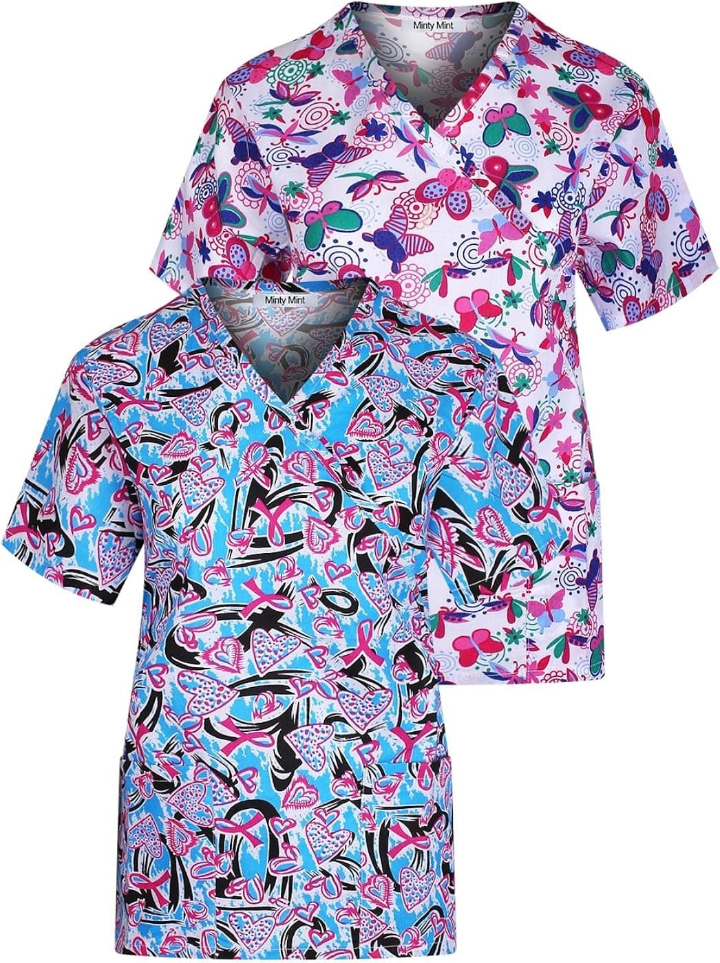 Minty Mint Women's Medical Scrub Printed V-Neck Top Multi Pack Blue White L(452)