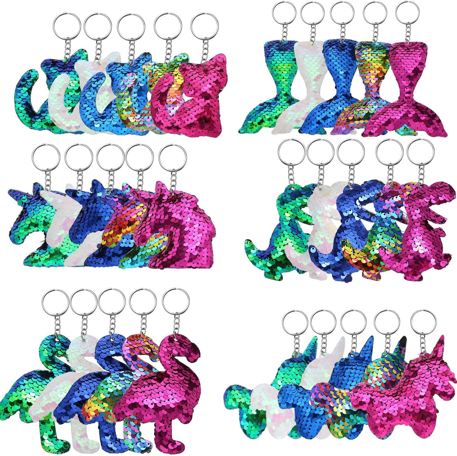 30 Pieces Reversible Sequin Keychains Colorful Flip Sequin Keychains Shining Keychain with Unicorn Cat Dinosaur Mermaid Flamingo Shape for Handbag Purse Party Embellishment, 6 Styles