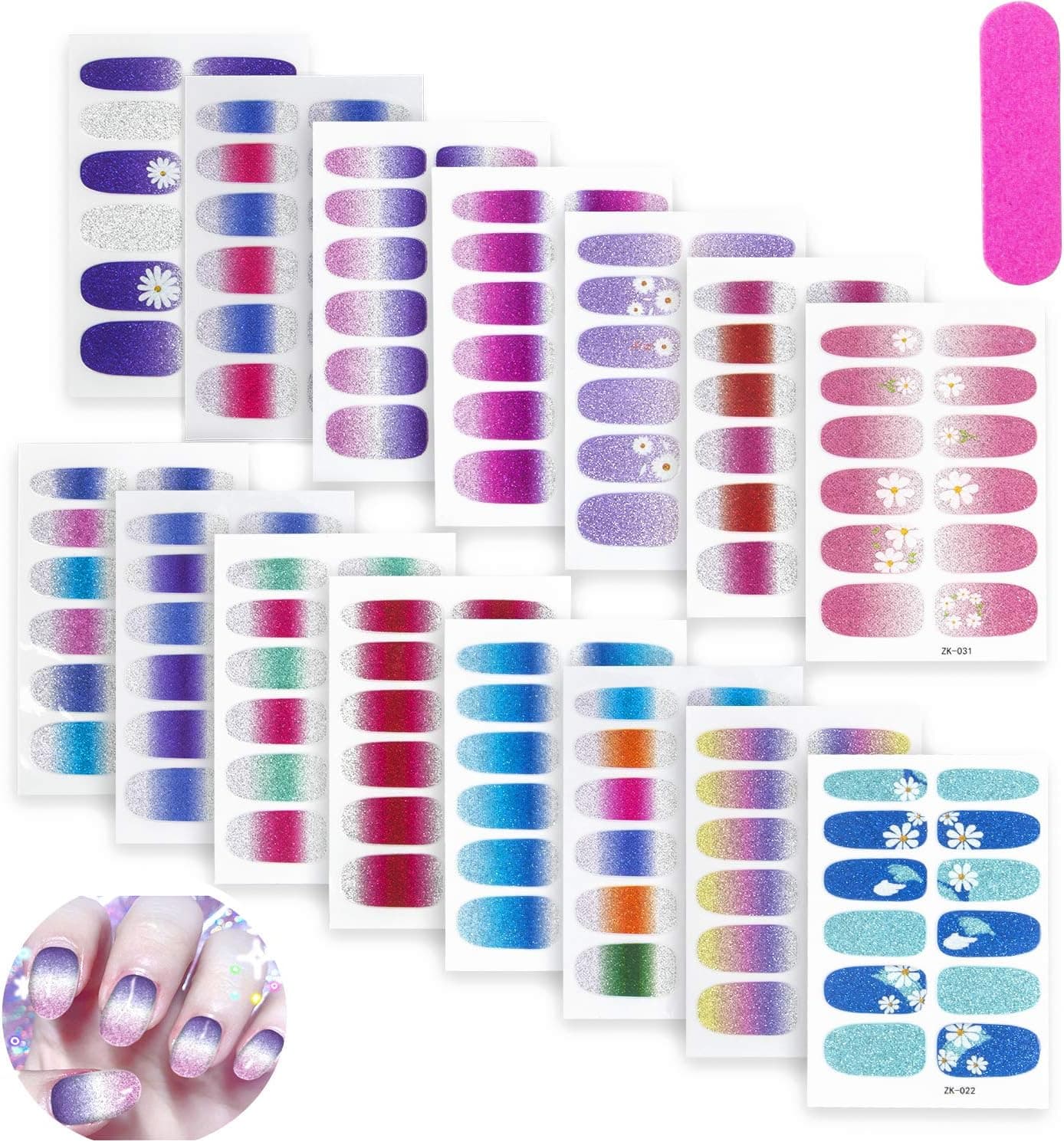 15 Sheets Nail Stickers, Full Nail Wraps Gradient Glitter Self-Adhesive Nail Polish Strips Nail Art Tips Stickers with Nail File False Nail Design Manicure Stickers Set for Women Girls