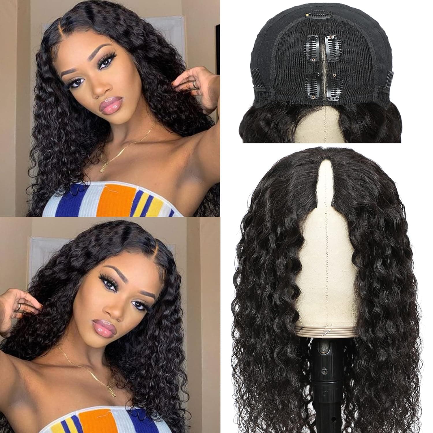 xccoco V Part Wig Bob Human Hair Brazilian Water Wave Wig 10A Glueness Upgrade U Part Wigs No Leave Out Thin V Part Curly Wig with Lace 150% Denisty 16inch