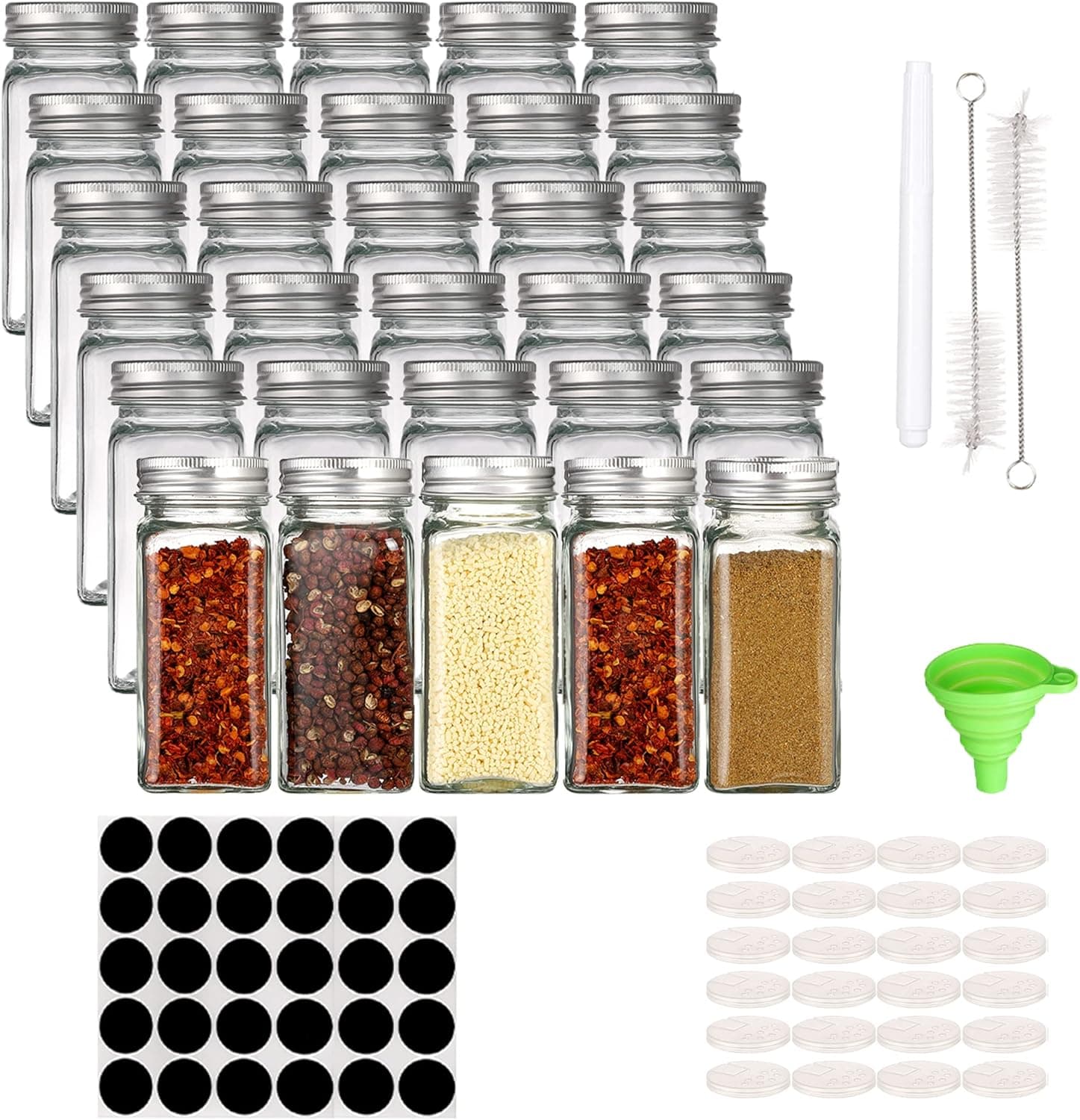 Homerove 6oz Spice Jars Bottles, 30pcs Empty Square Spice Containers with Shaker Lids and Airtight Metal Caps(30pcs Blank Lables, Silicone Funnel and Brush Included)