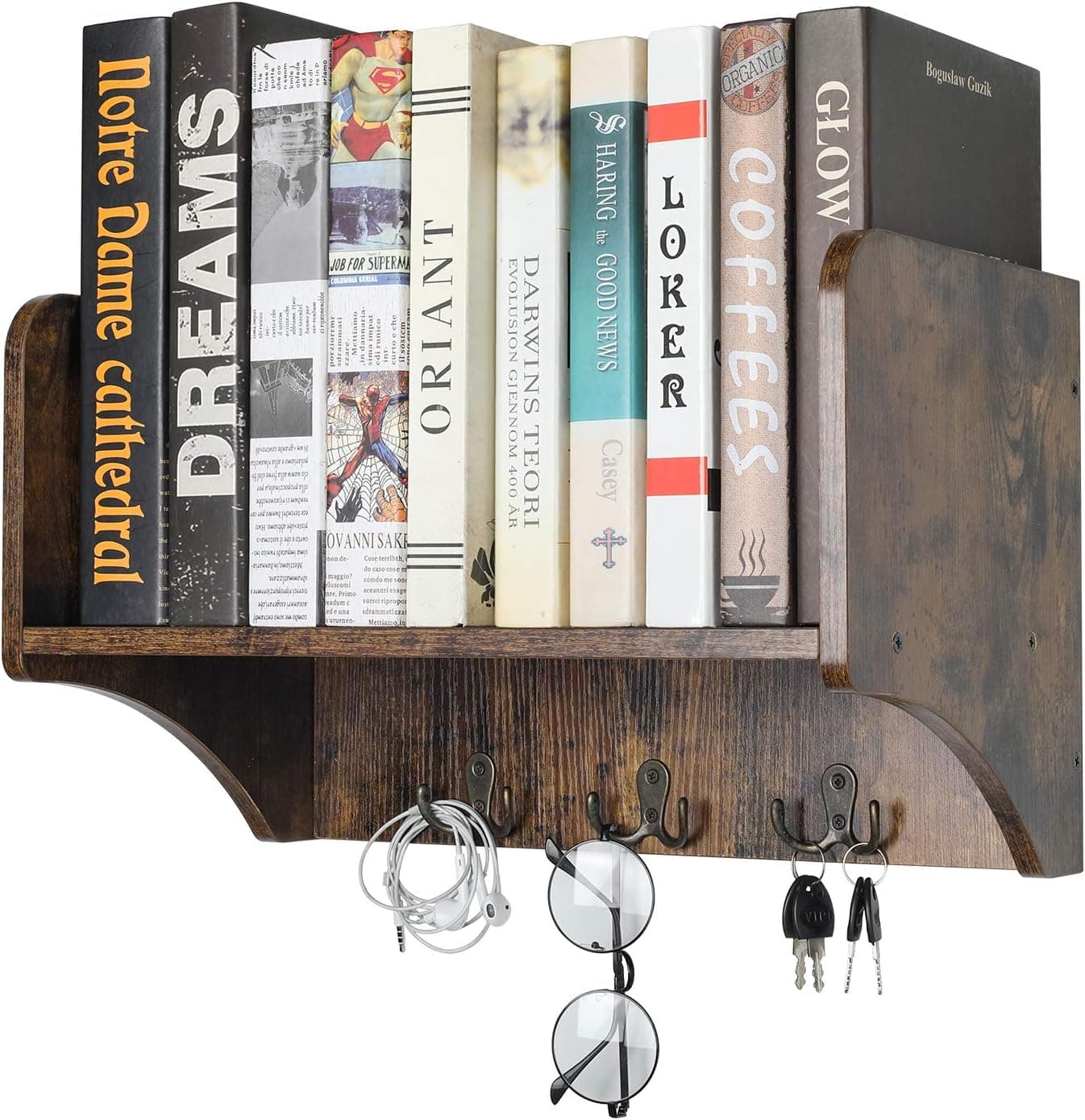 PAG Wall Mount Key Holder Rack with Shelf Wooden Floating Shelves Book Holder CD DVD Storage Display Rack with 3 Hooks, Antique Brown