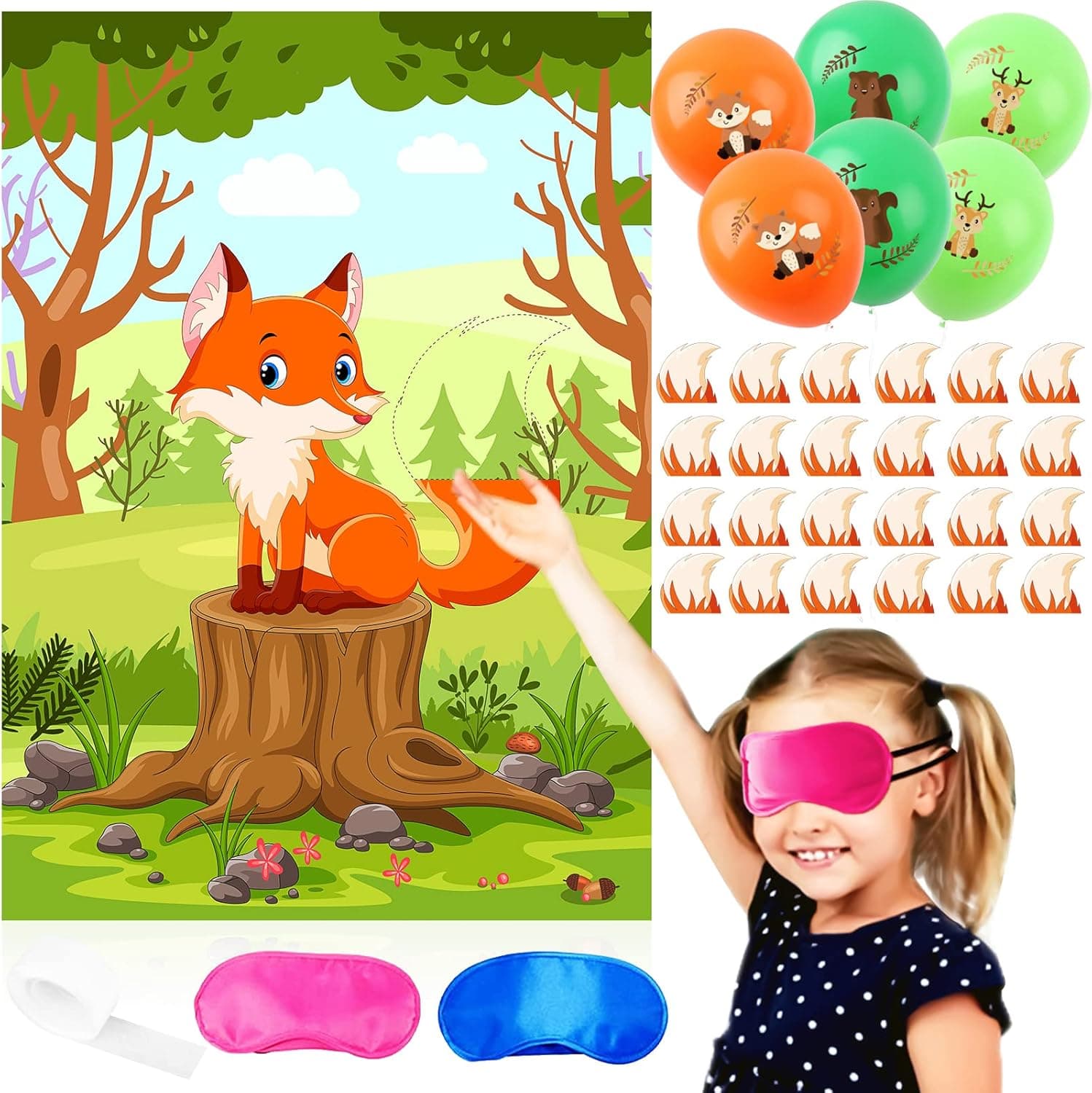 Pin The Tail on The Fox Party Game -Fox Woodland Animal Party Supplies with 24 Tails and 6PCS Woodland Animal Theme Balloons Kids Birthday Party Decorations for Wall Home Room Decorations…