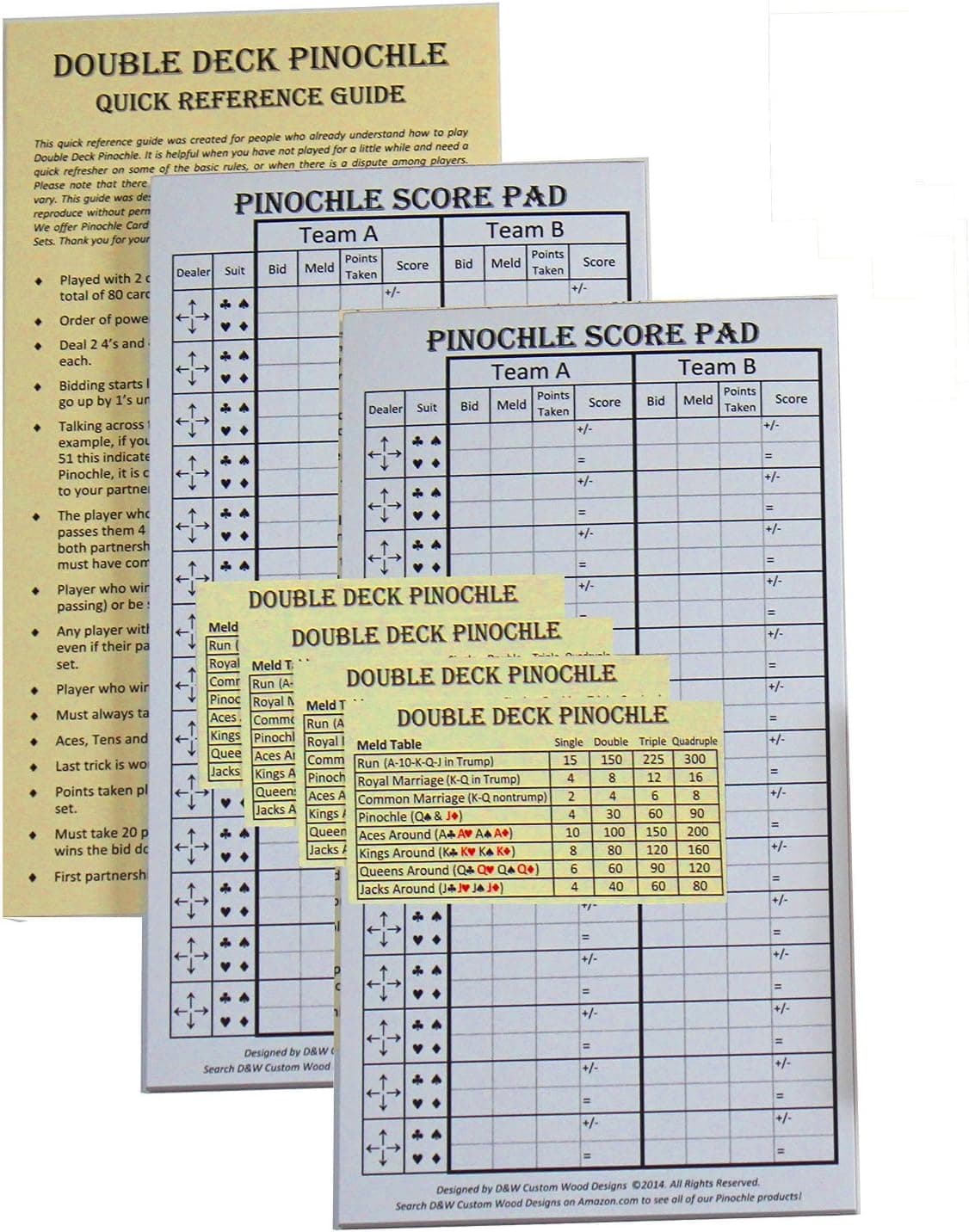 Pinochle Score Pad Pack of 2: Two-40 Page Score Pads, Four Meld Tables and Double Pinochle Quick Reference Card