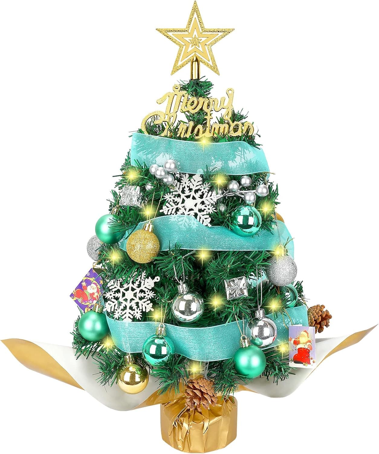 KaKaPops 20"/50cm Mini Christmas Tree, Small Christmas Tree with Led Lights & Ornaments, Tabletop Christmas Tree for DIY Xmas Decorations