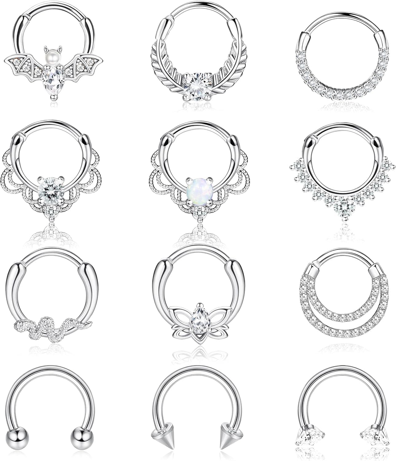 Besteel 12Pcs Septum Rings 16G Daith Earrings Nose Rings Hoop Stainless Steel CZ Opal Cartilage Helix Tragus Earrings Septum Clicker Piercing Jewelry Silver Black Rose Gold
