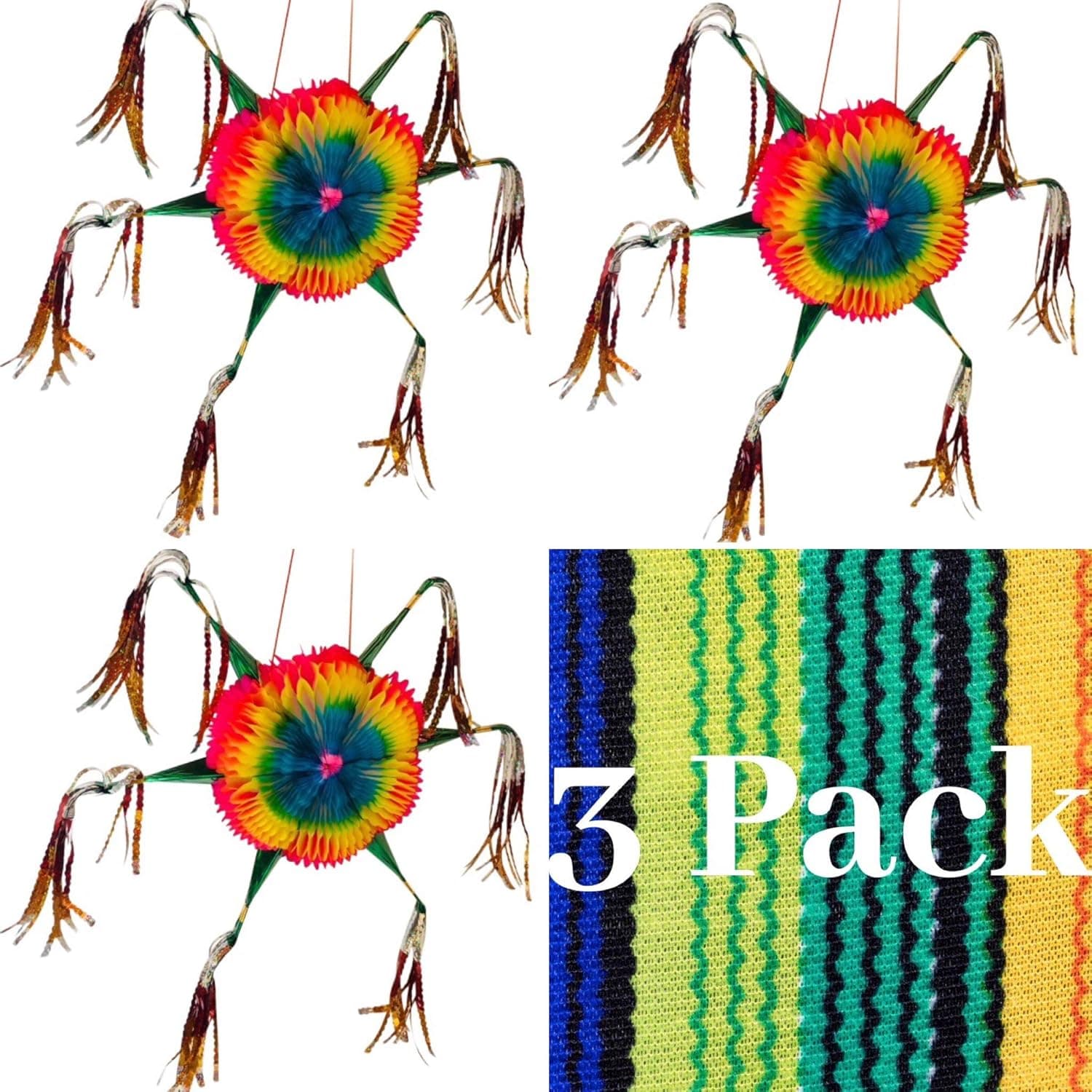 Set of 3 MINI Pinatas- Mexican Colorful Foldable Cardboard Star Party Decoration Kit