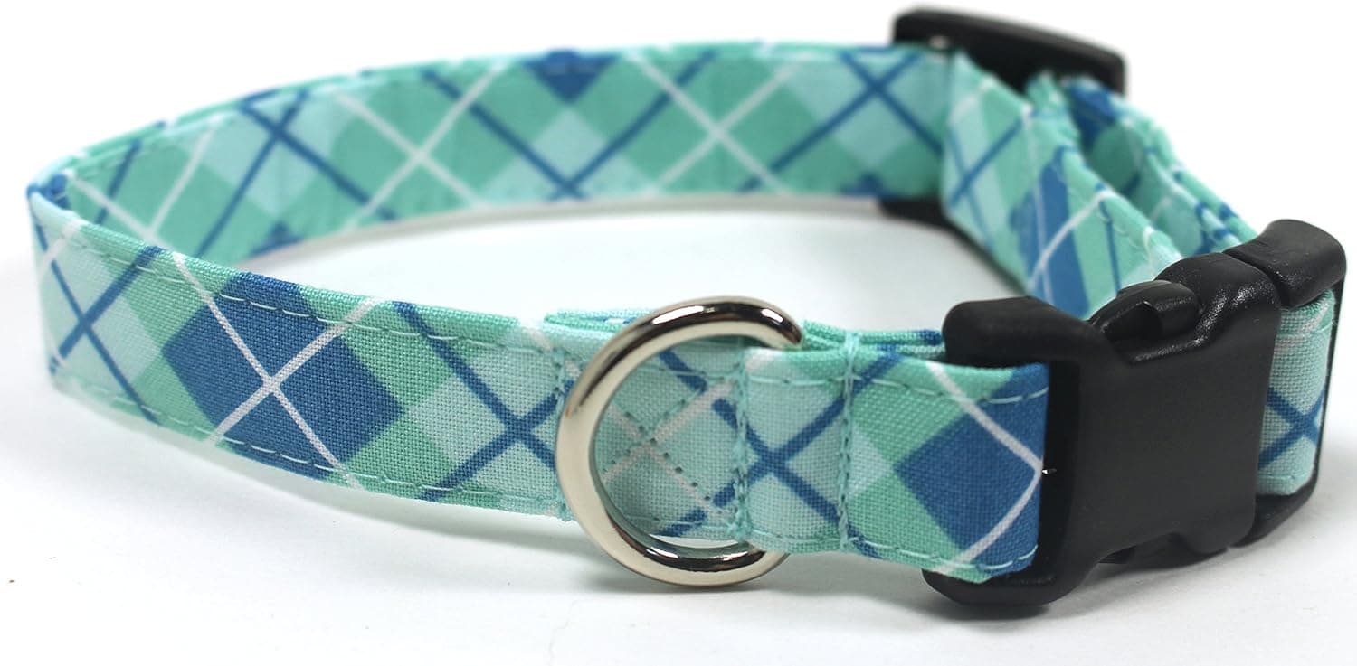 Preppy Plaid, Blue Designer Cotton Dog Collar, Adjustable Handmade Fabric Collars (S - 3/4")