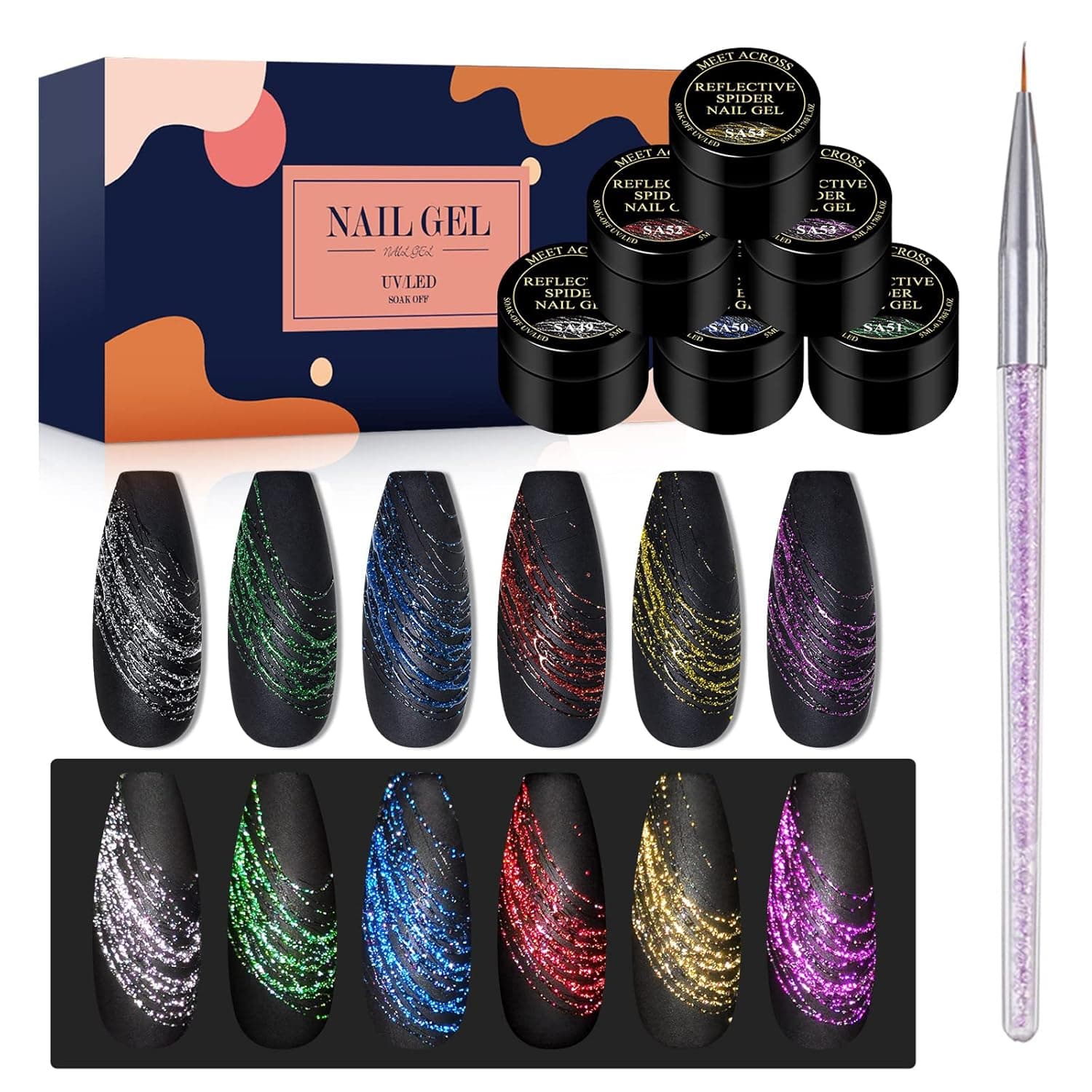 MEET ACROSS Reflective Spider Gel - 6 Colors Diamond Glitter Painting Elastic Spider Gel, Soak off UV LED Gel Nail Polish, Drawing Nail Gel for Line, DIY Nail Art Paint Design