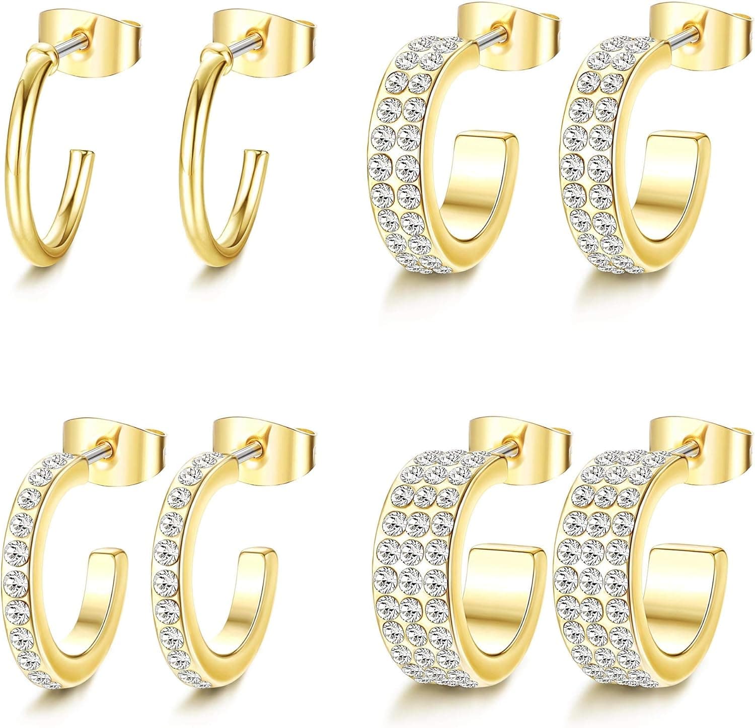 Subiceto 4 Pairs Silver Gold Colored Chunky Open Hoops Earrings Cubic Zirconia Small Huggie Earrings Mini Cuff Loop Earrings Set for Women