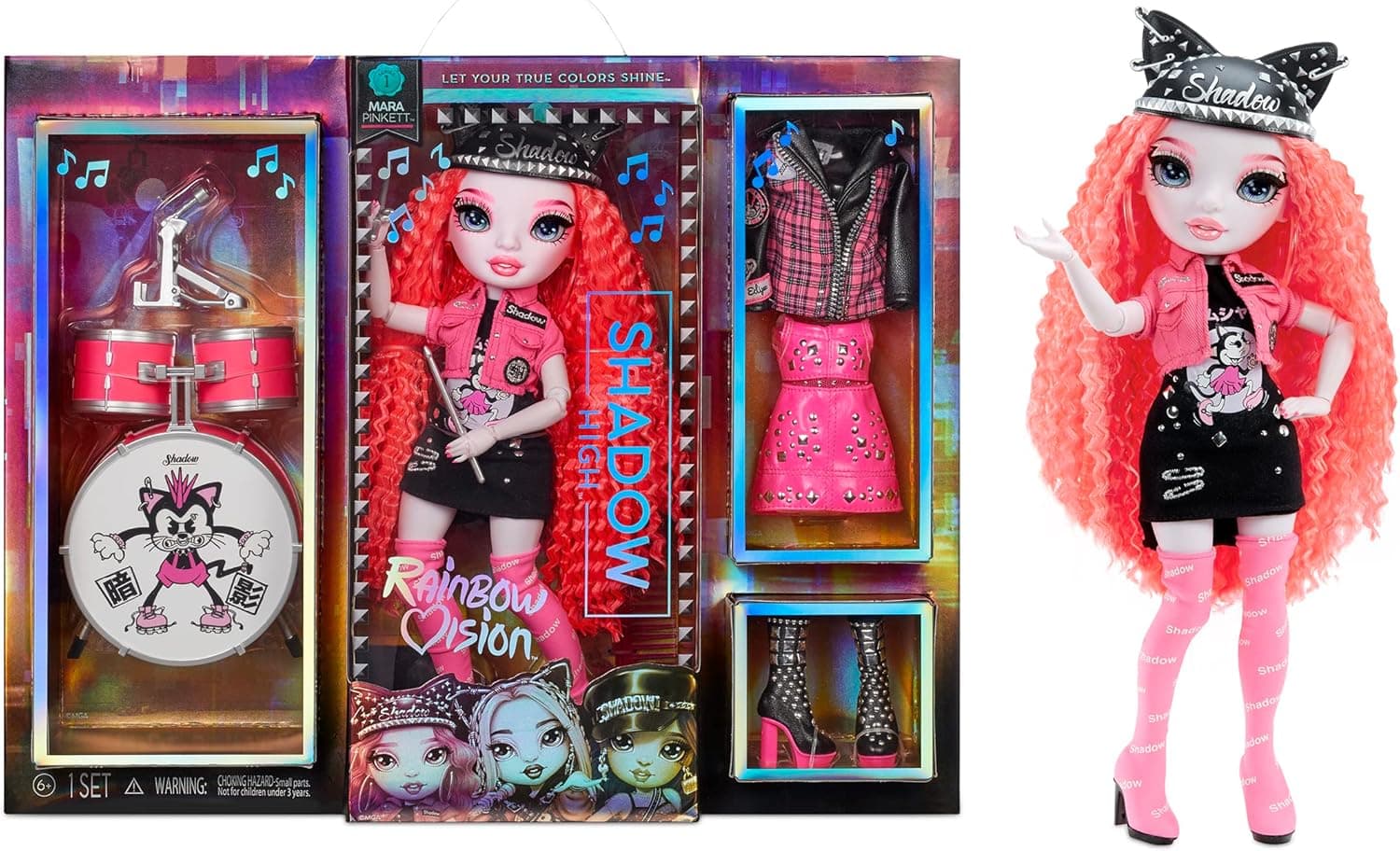 Rainbow High Vision and Neon Shadow-Mara Pinkett (Neon Pink) Fashion Doll. 2 Designer Outfits to Mix & Match with Rock Band Accessories PLAYSET, Great Gift for Kids 6-12 Years Old & Collectors