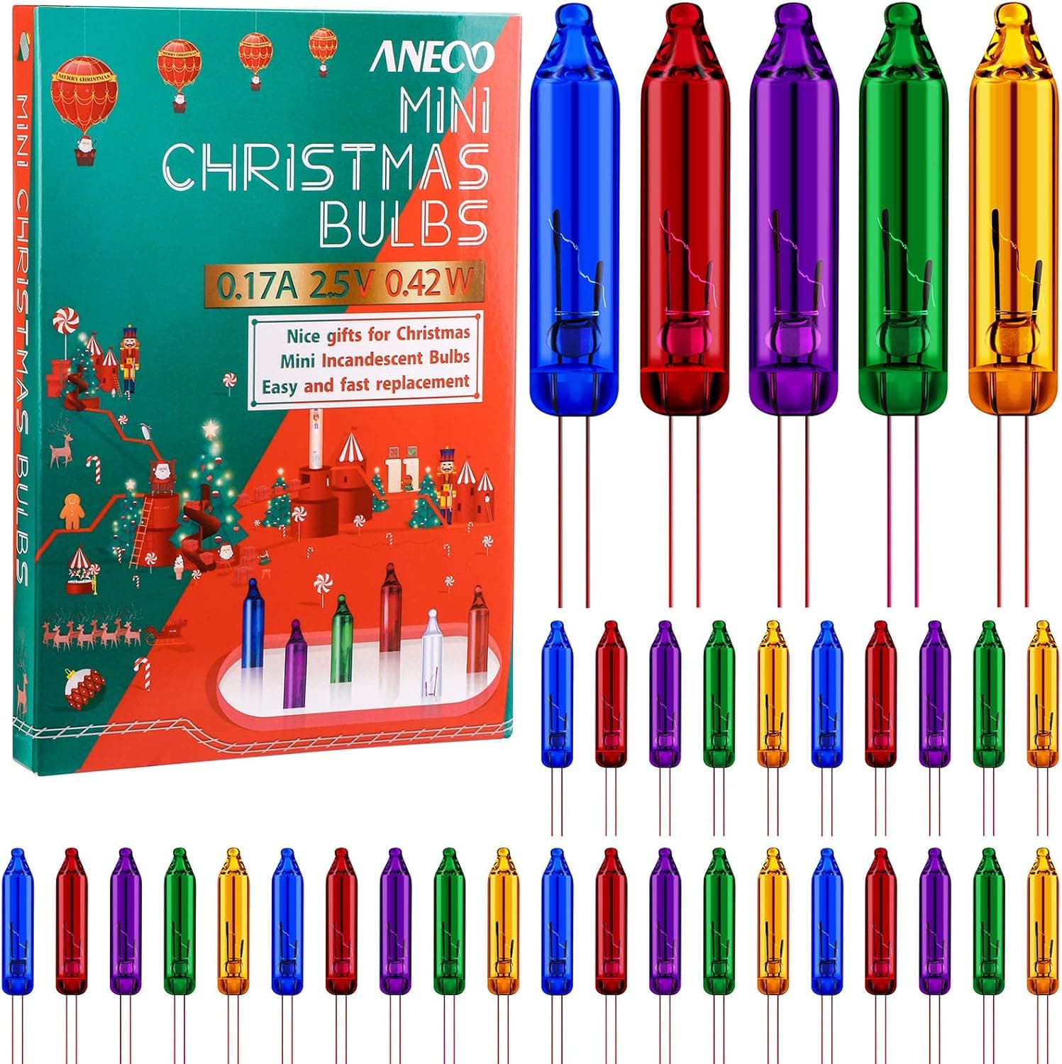 Aneco 140 Pieces Multicolor Mini 2.5 Volt Replacement Light Bulbs Incandescent Light Bulbs, 170 mA, 0.42 Watt for Christmas Trees Light Decor