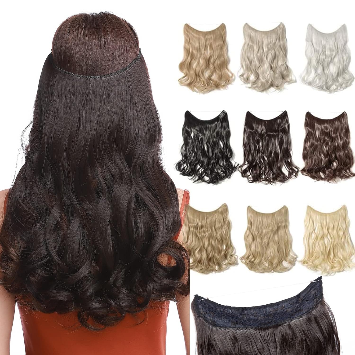 Invisible Wire Secret String No Clips in Hair Extensions One Piece Full Head Hidden Hair Extension Synthetic Fiber (16"Curly,Dark Brown)