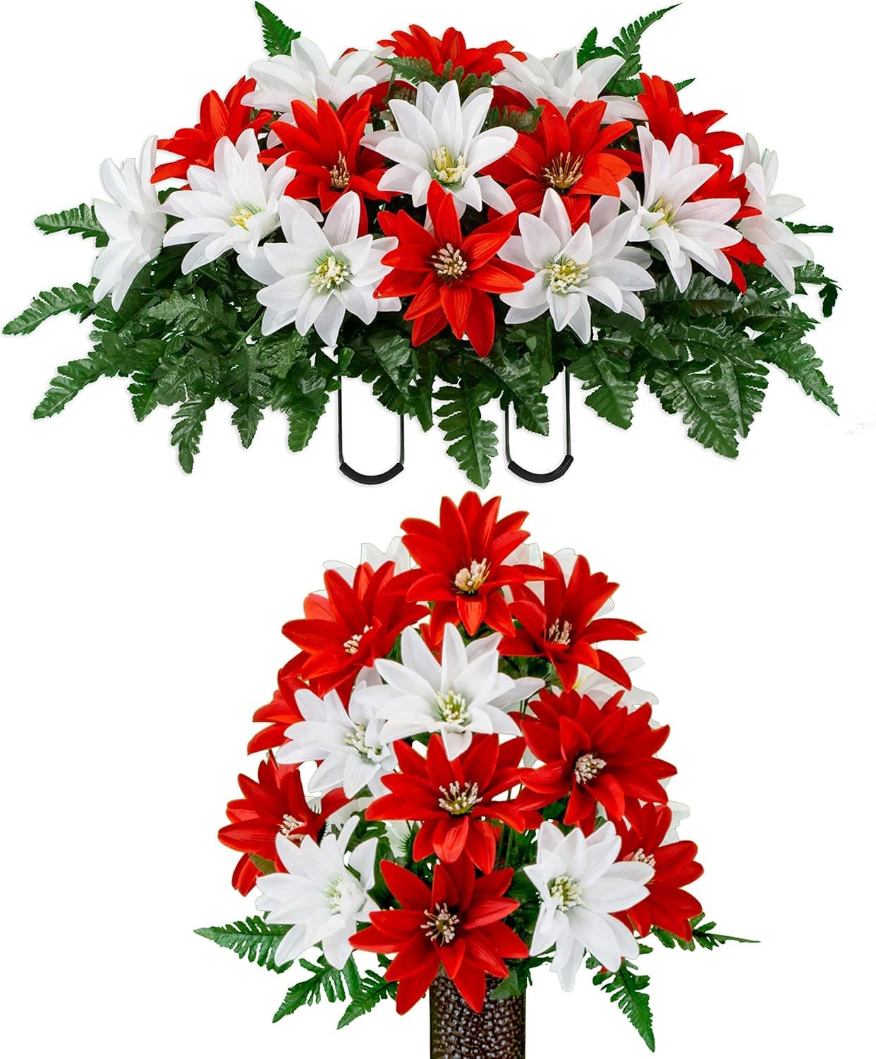 Sympathy Silks Artificial Cemetery Flowers - Realistic - Outdoor Grave Decorations - Non-Bleed Colors, and Easy Fit -Red & White Dahlia Bouquet with Saddle