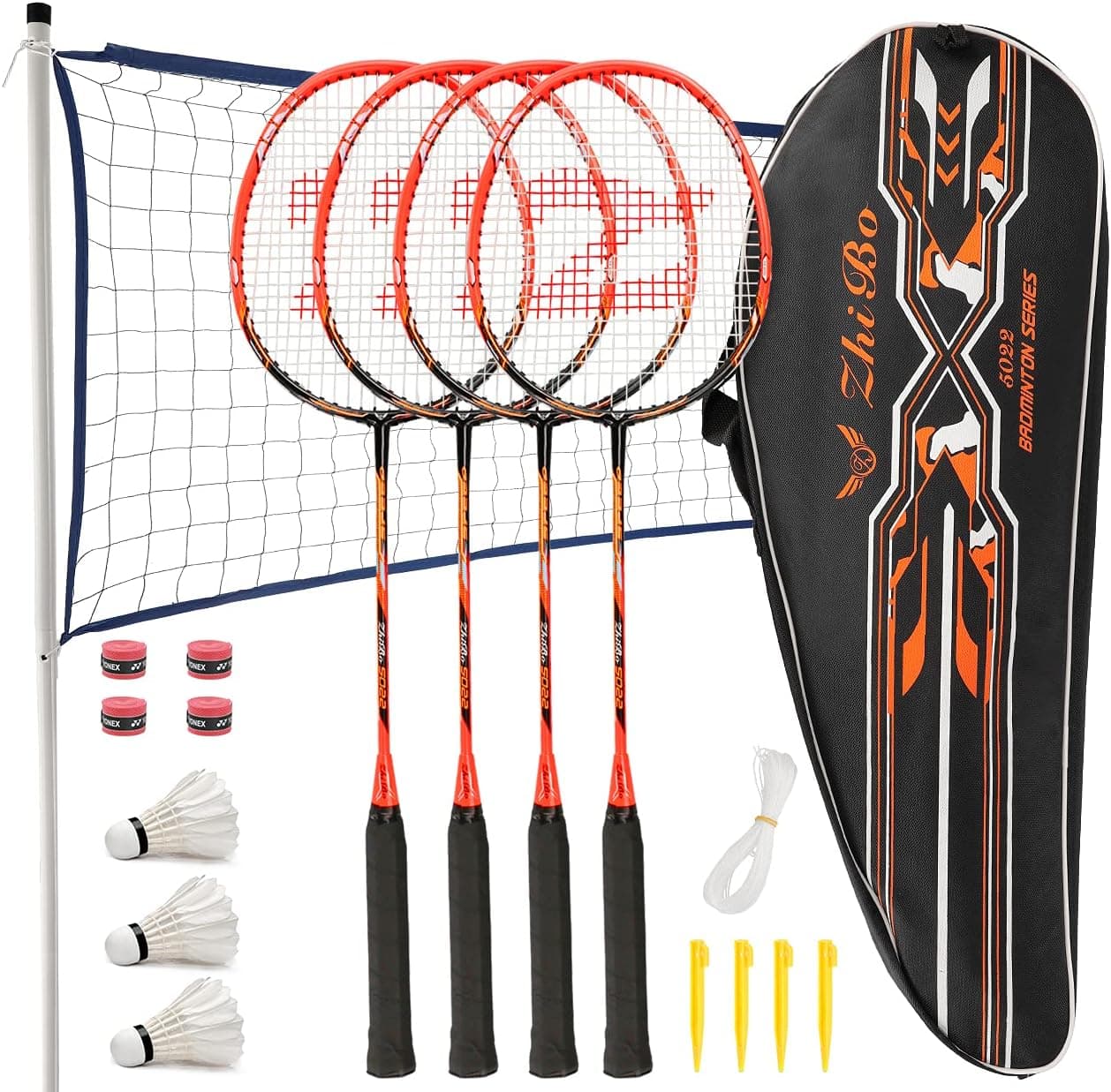 Fostoy Badminton Racket Set, 4 Pack Badminton Racquets with 3 Shuttlecocks & Net, Badminton Shuttlecock Complete Sets for Professional & Beginner Players