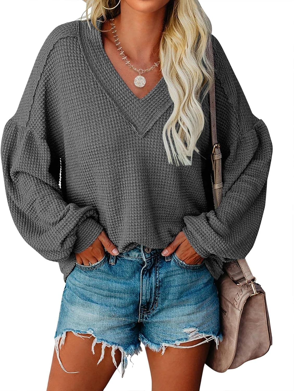 Womens Casual Waffle Knit Shirts Tunic Tops Oversized Sheer V Neck Balloon Sleeve Sweaters Loose Sweatshirts Blouses