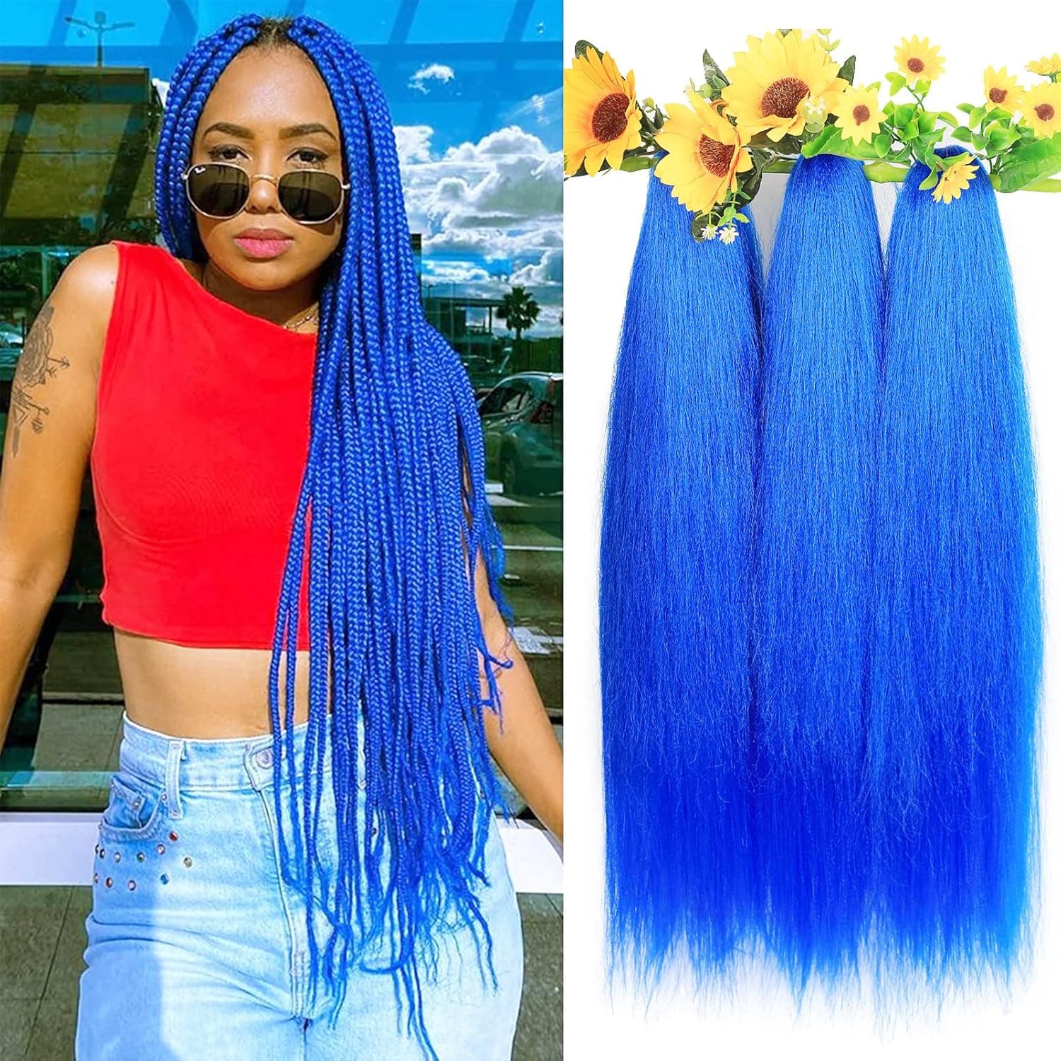 Blue Braiding Hair Pre Stretched 26 Inch Prestressed Ombre Braiding Hair Colorful Knotless Synthetic Yaki Wave EZ Braid Hot Water Setting Crochet Hair Extensions for Easy Box Braids (26Inch, Blue)