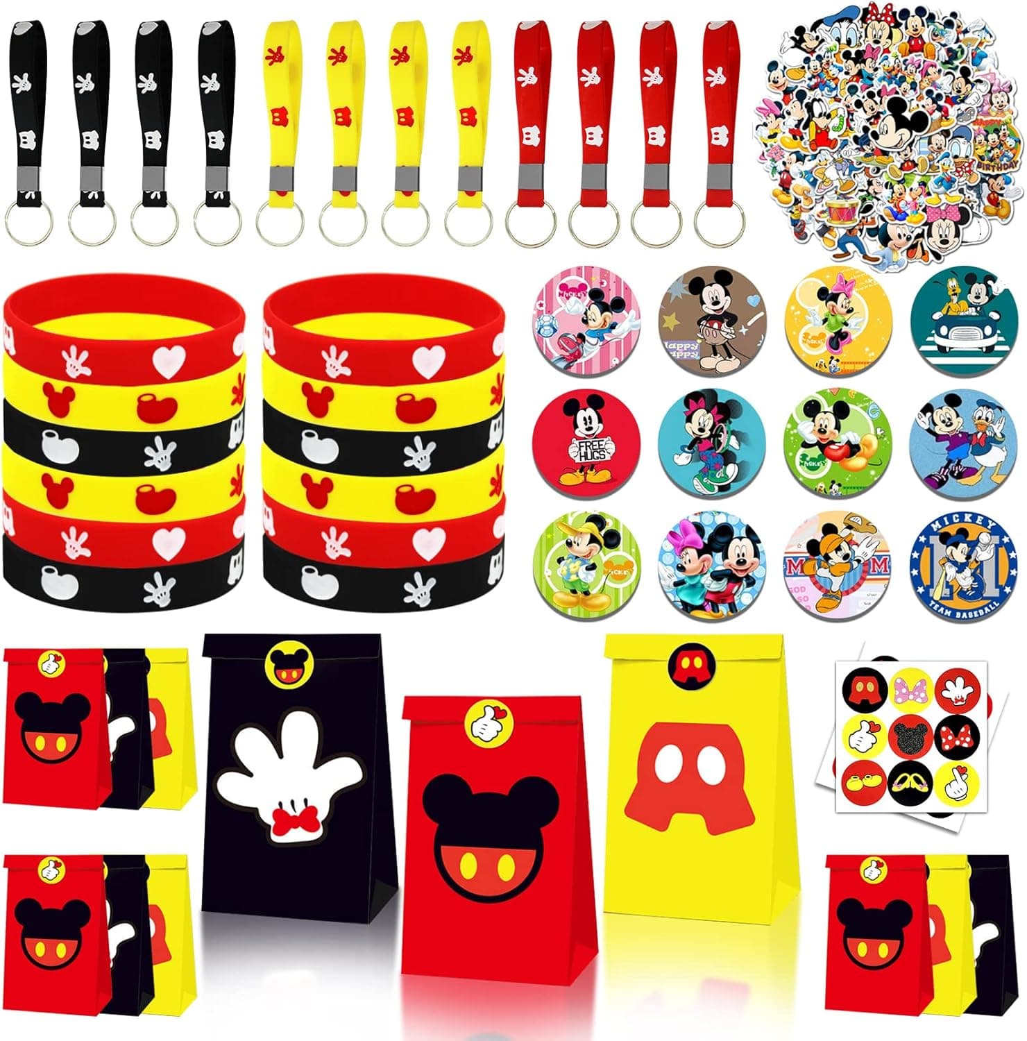 98Pcs Cartoon Mouse Party Favors with 12Pcs Mouse Bag 12Pcs Key Chain 12Pcs Bracelets 12Pcs Button Pins 50Pcs Stickers Mouse Party Supplies for Boys Kids Girls Gifts Birthday Decoration
