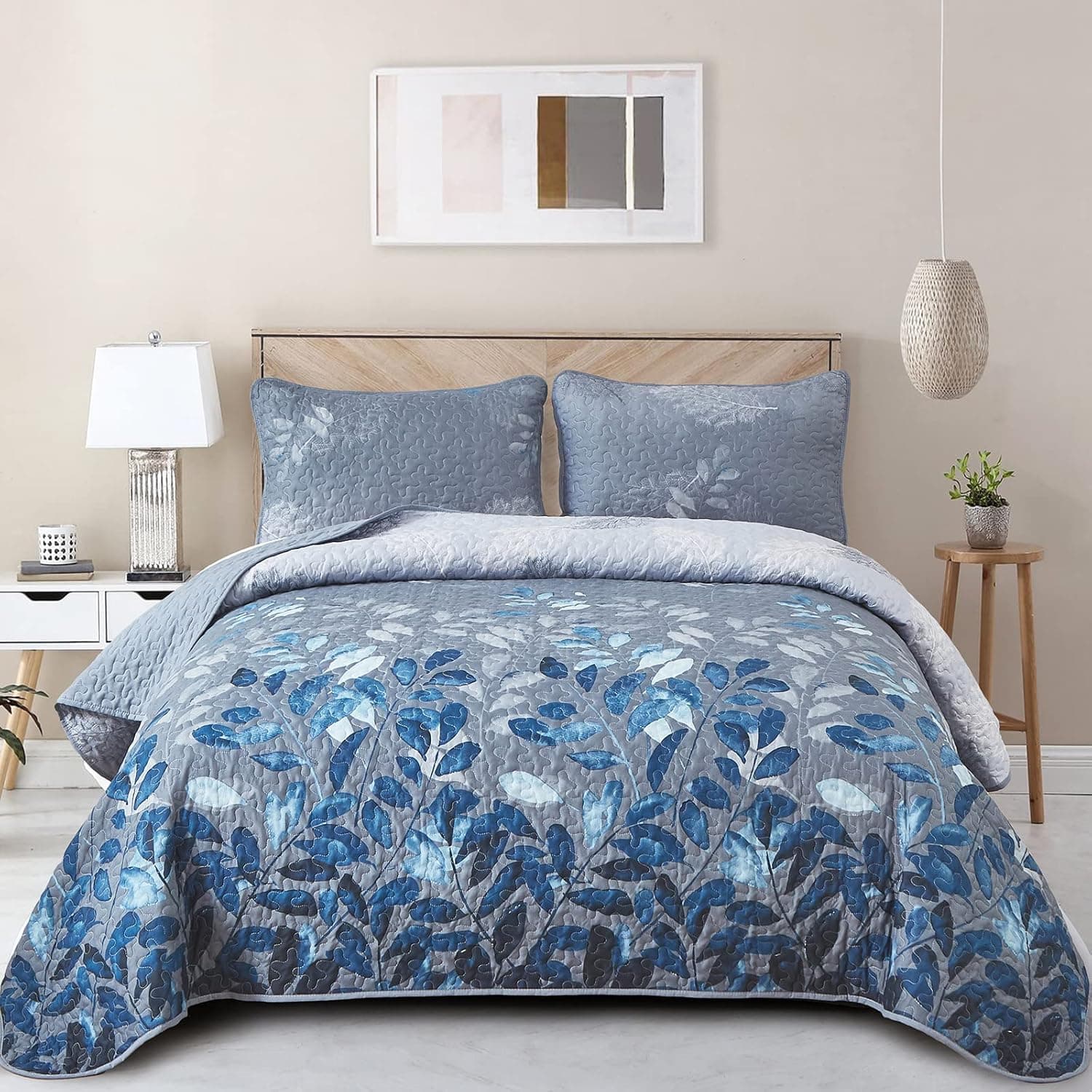 Blue Quilt Set Queen Size,3 Pieces Navy Blue Floral Bedspread Coverlet Set,Soft Microfiber Lightweight Floral Bedding Set Queen 96"x90"