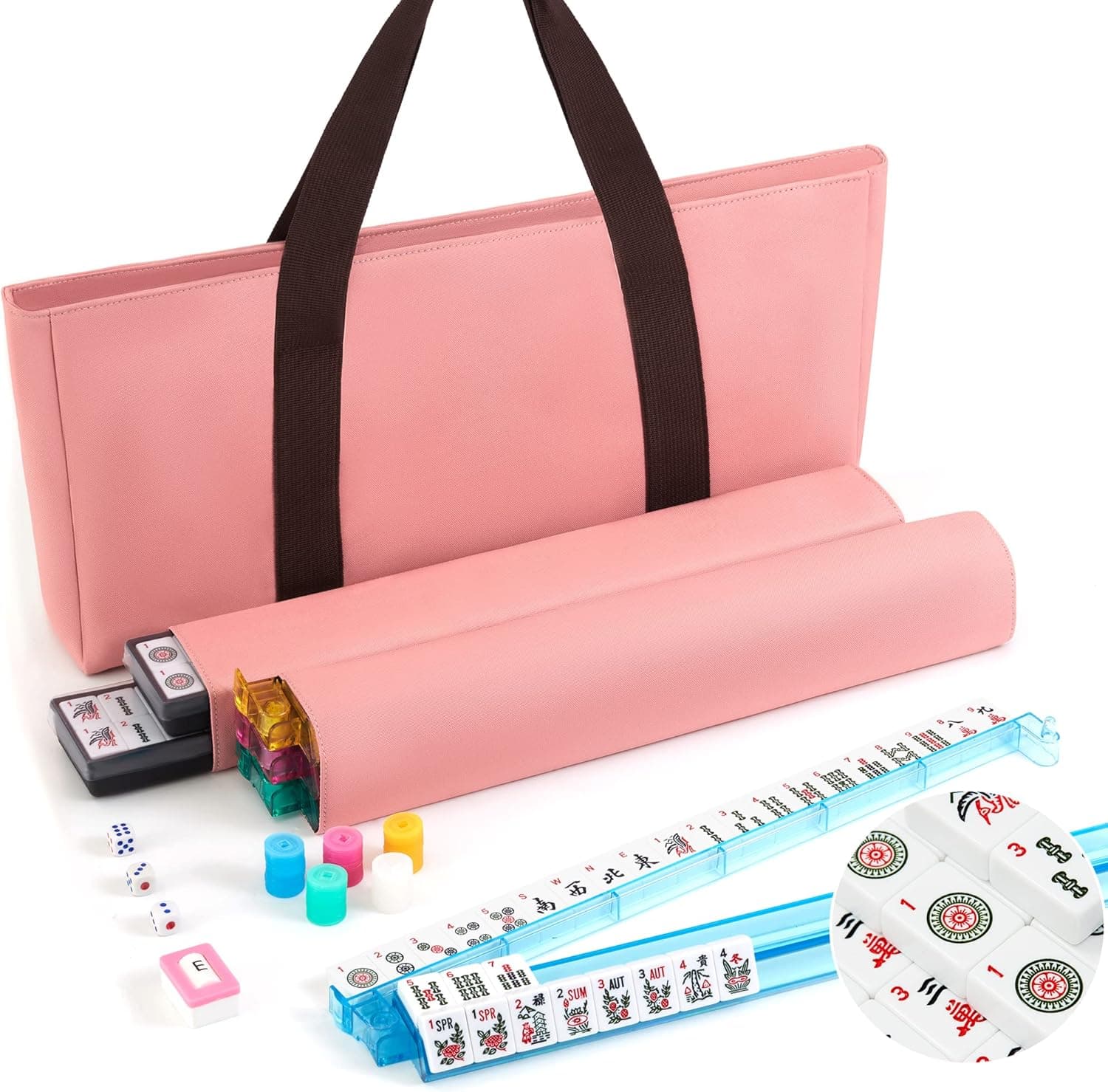 QUANTA American Mahjong Set - Pink Soft Bag, 166 Premium White Tiles, 4 All-in-One Rack/Pushers, Mah Jongg Game Set(Pink)