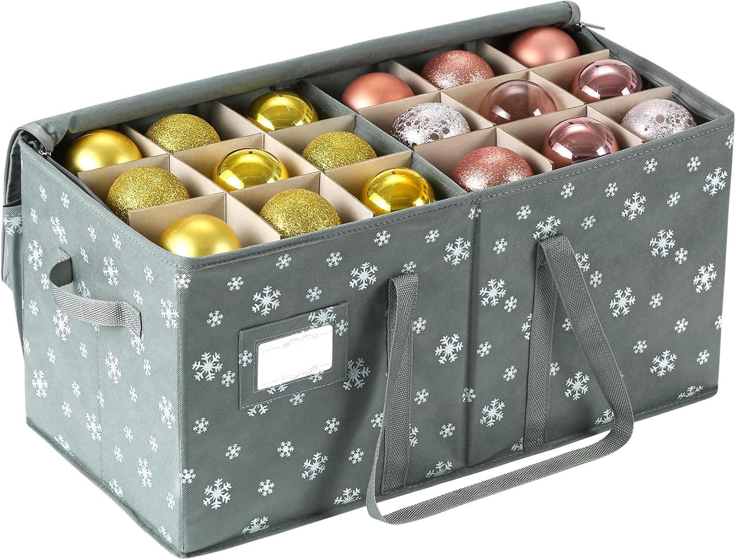 Phedrew Christmas Ornament Storage Box Hold 54 - 4" Ornaments with Dual Zippered Closure, Holiday Ornaments Holiday Xmas Ornament Storage Organizer Containers with Lid and Dividers (Gray)