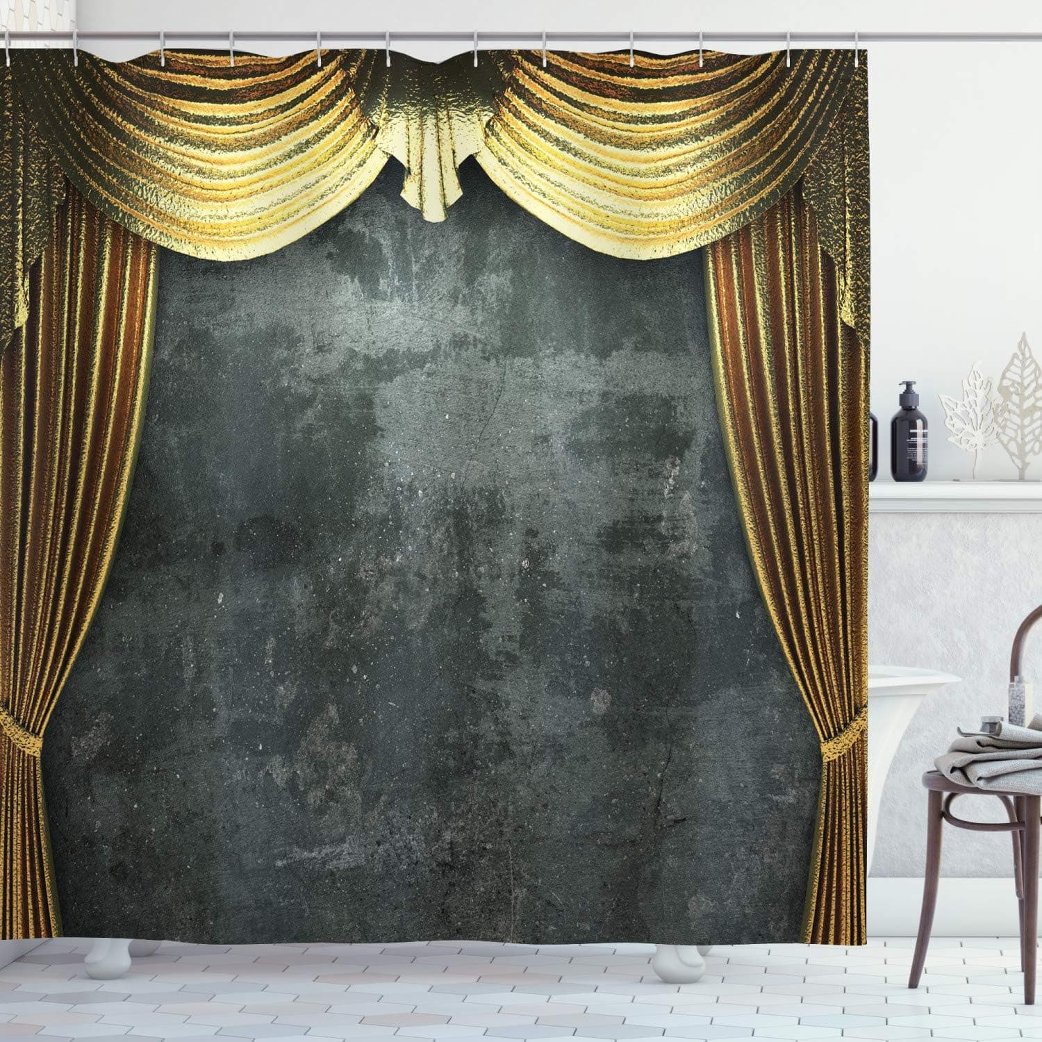Ambesonne Opera Shower Curtain, Vintage Grunge Theater Stage Classical Design Illustration Medieval Baroque Print, Cloth Fabric Bathroom Decor Set with Hooks, 69" W x 70" L, Grey Yellow