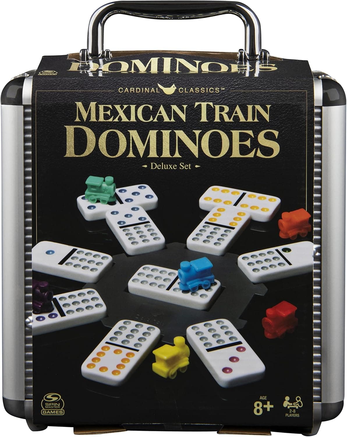 Cardinal Mexican Train Dominoes Deluxe Set by Spin Master Classics Aluminum Carry Case, for Families and Children 8 and Up, 2020 Edition