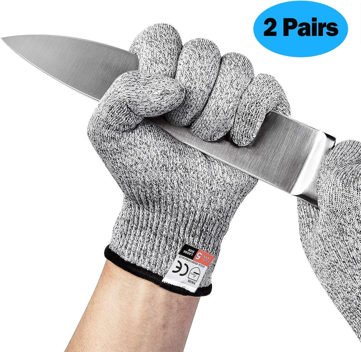Cut Resistant Gloves (2 Pairs) Food Grade Level 5 Protection, Safety Cutting Gloves for Kitchen, Mandolin Slicing, Fish Fillet, Oyster Shucking, Meat Cutting and Wood Carving - Large