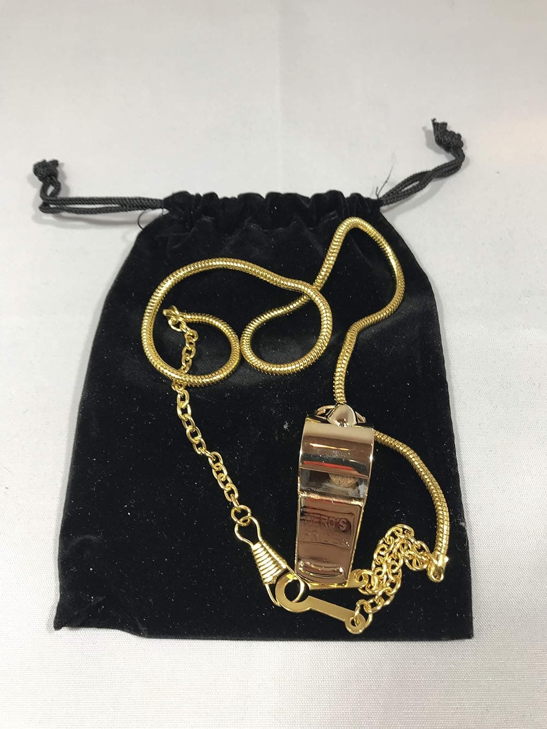 whistle and 21 inch whistle chain with button hook bundle gold plated for professional use including black velvet pouch for storage
