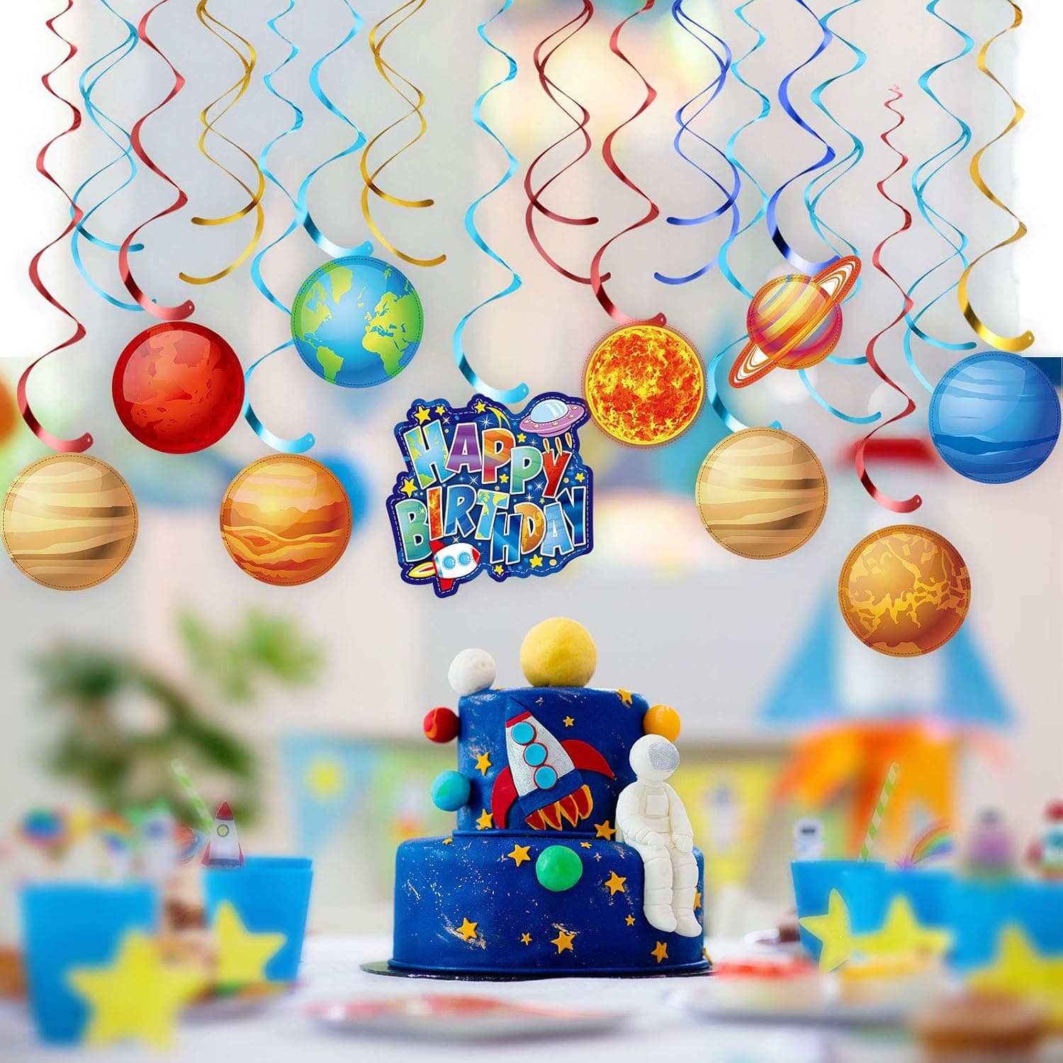 50 Pieces Solar System Party Decorations Space Planet Hanging Swirls Ceiling Decoration Universe Space Shiny Foil Swirls Hanging Decoration for Solar System Party Supplies Ceiling Decor