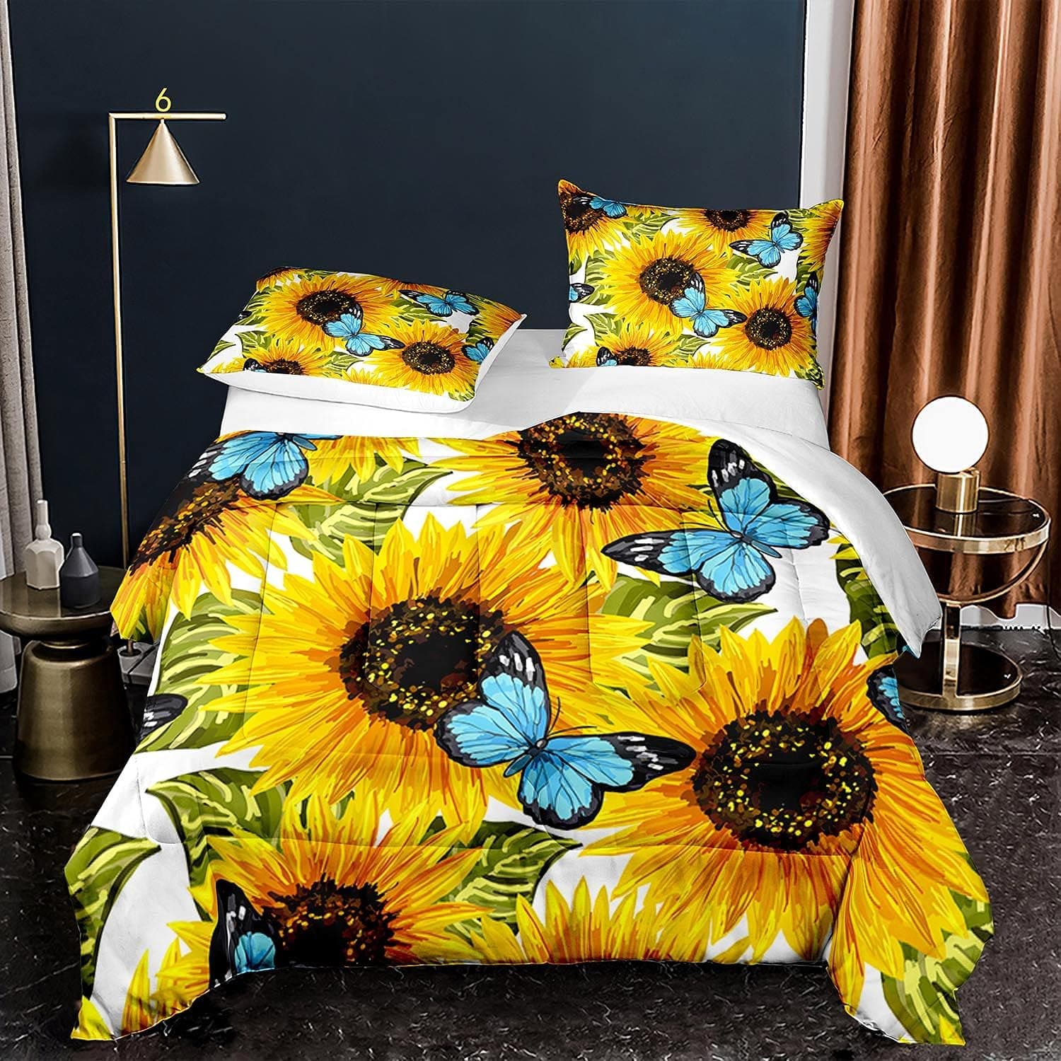 kxry Sunflower Butterfly Comforter Set Queen Size Bedding for Women Girls Adults Yellow Flower Floral Botanical White Quilt Duvet 1 Comforter + 2 Pillow Cases