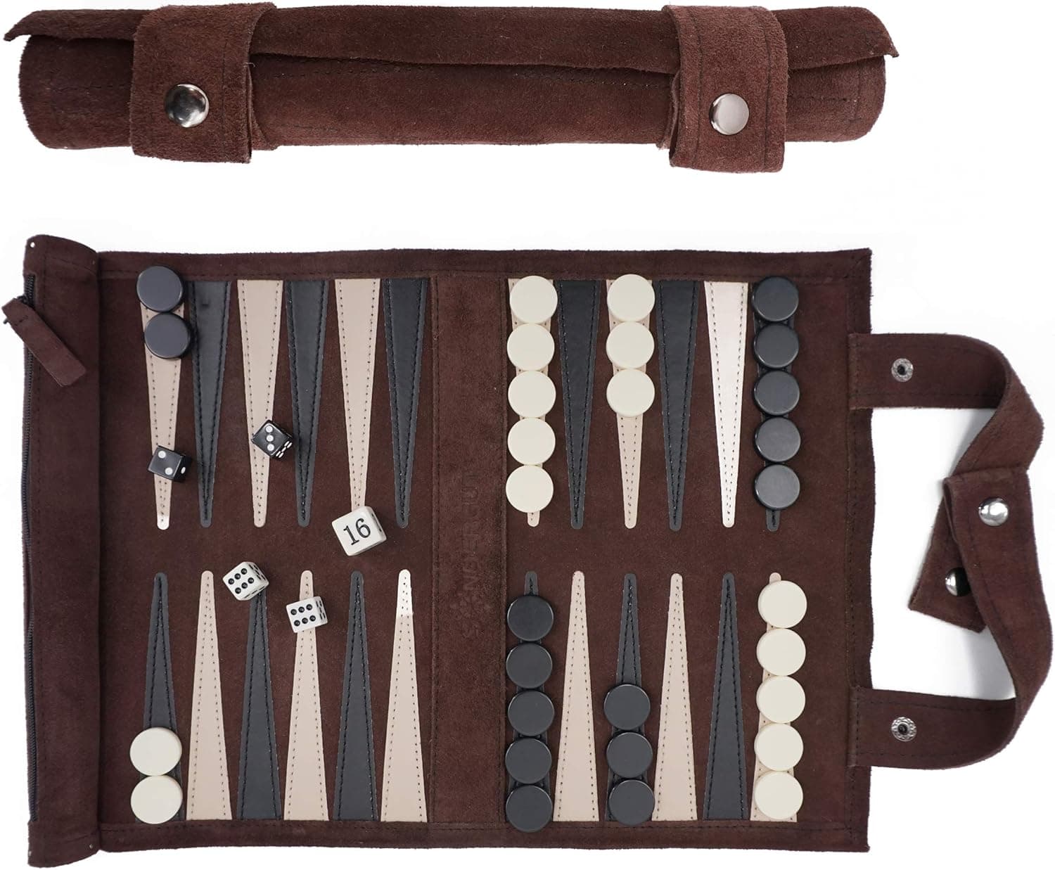 Sondergut Travel-Size Backgammon Set- Genuine Suede, Portable, Roll-up Lightweight Backgammon Travel Game- Multiple Color Options (Mocha)