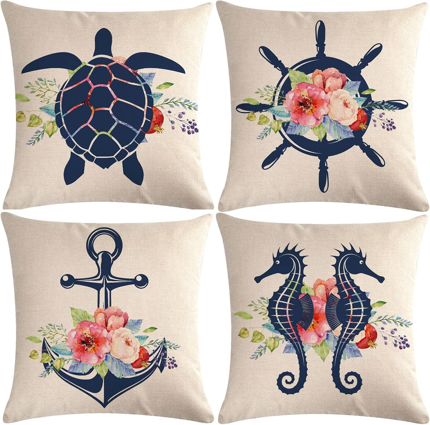 7COLORROOM Set of 4 Sea Animals Pillow Covers Ocean/Beach Theme with Sea Turtle /Seahorse/Compass Anchor Cushion Cover Coastal Flower Home Decor Square Pillowcases 18”x18” for Sofa Couch Patio