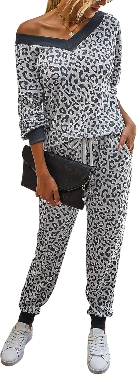 BTFBM Women Leopard Print Tie Dye 2 Piece Pajamas Casual V-Neck Long Sleeve Drawstring Pants PJ Set Lounge Sleepwear
