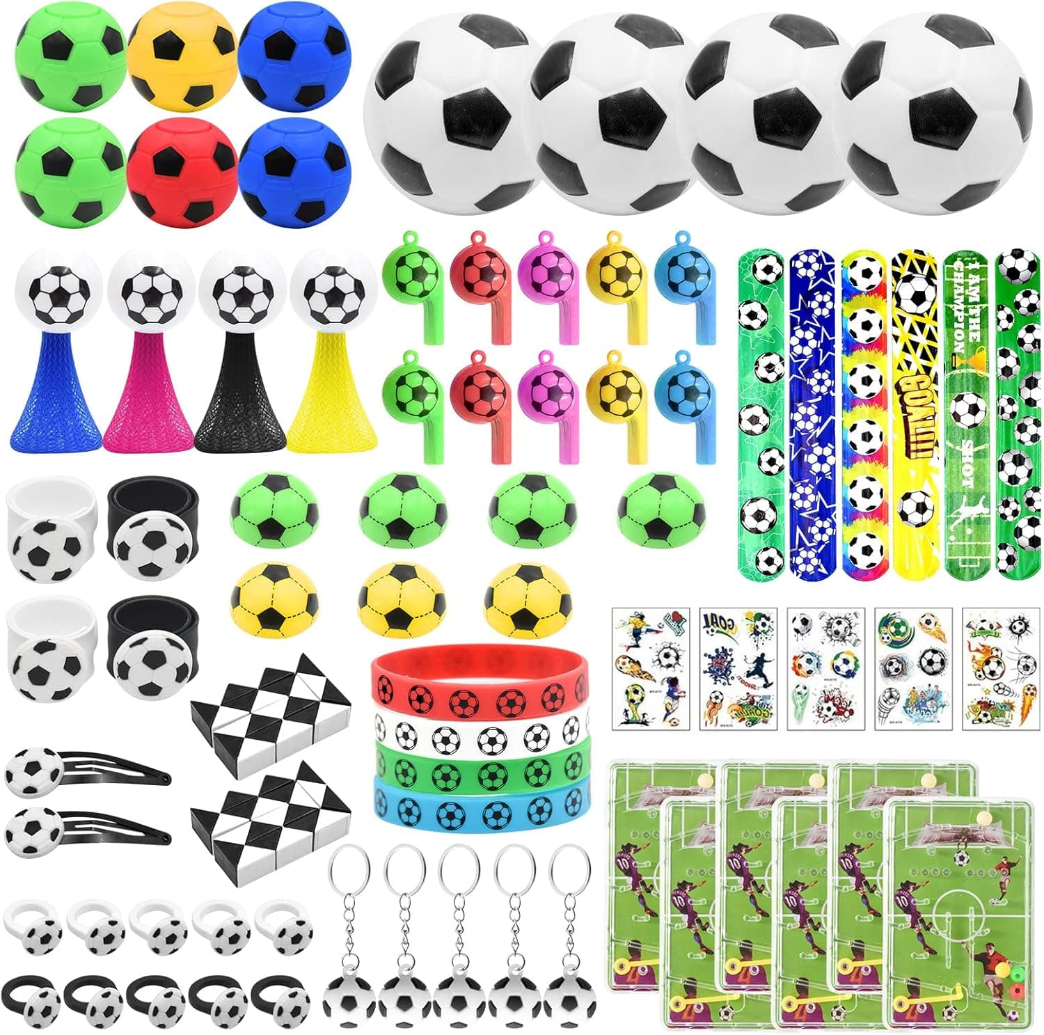 MEIEST Soccer Party Favors Set, Football World Cup Silicone Bracelet Key Chains Whistle Fidget Spinner Stickers Slap Bracelet Toy Wristbands Rings Pull back cars Jumping Squeeze Snake Cube Toys