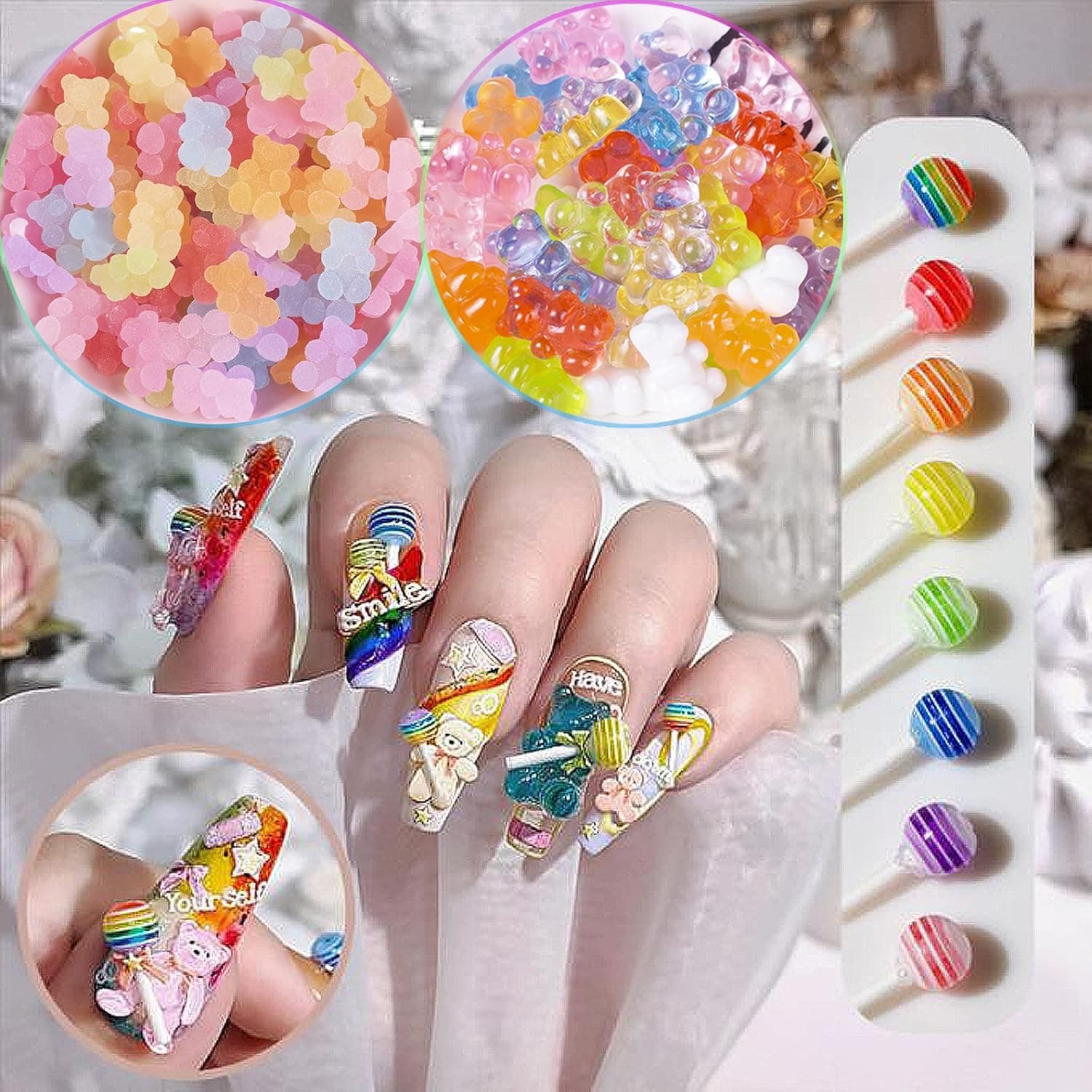 130Pcs 3D Gummy Bear Candy Nail Charms 3D Lollipop Candy Gummies Bear Nail Art Charms Colorful Resin Acrylic Bear Candy Cute Nail Charms for Nail DIY Crafting Accessories