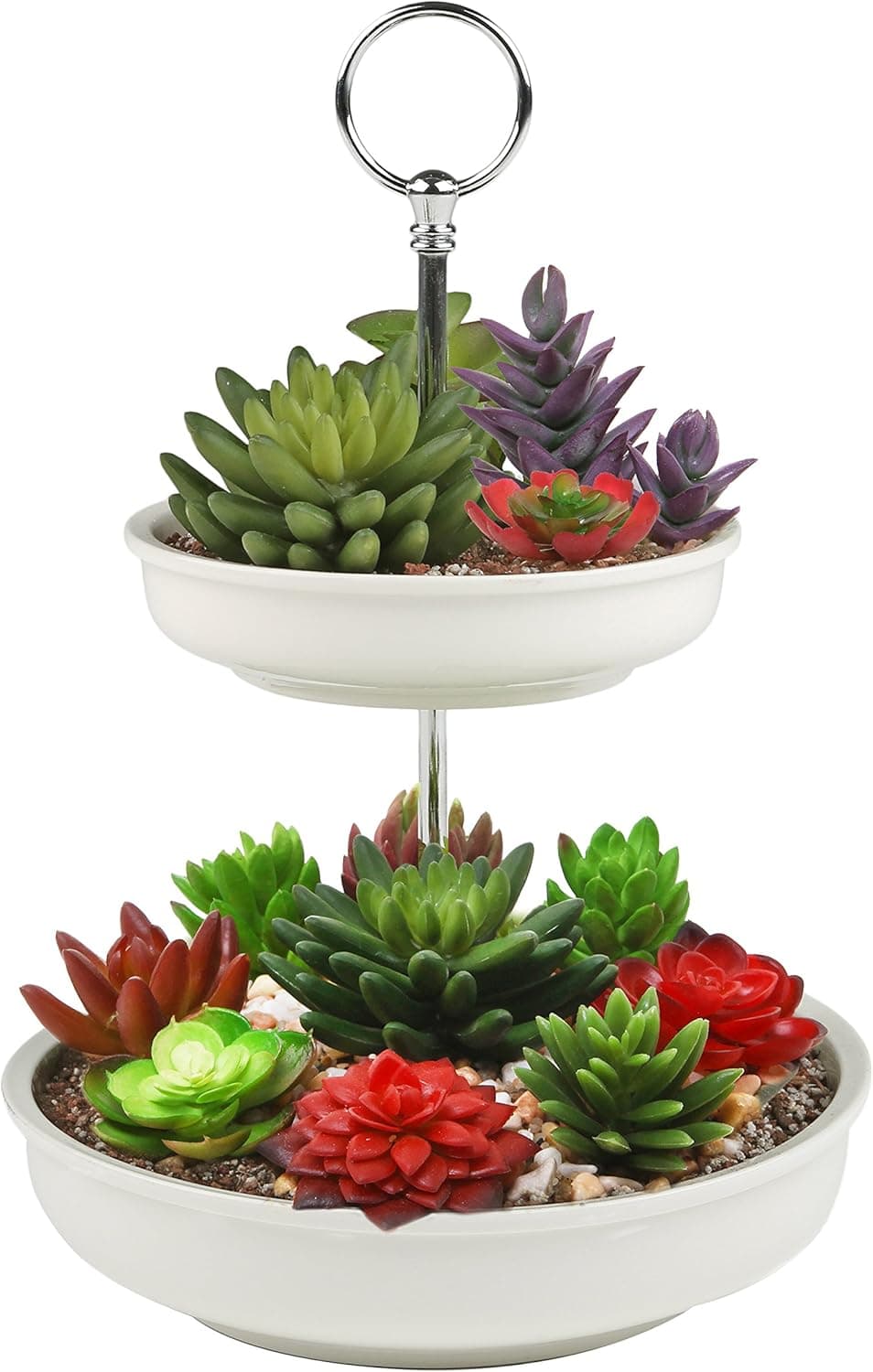2 Tier Circular White Ceramic Succulent Planter Pot Display Tower with Silver Handle