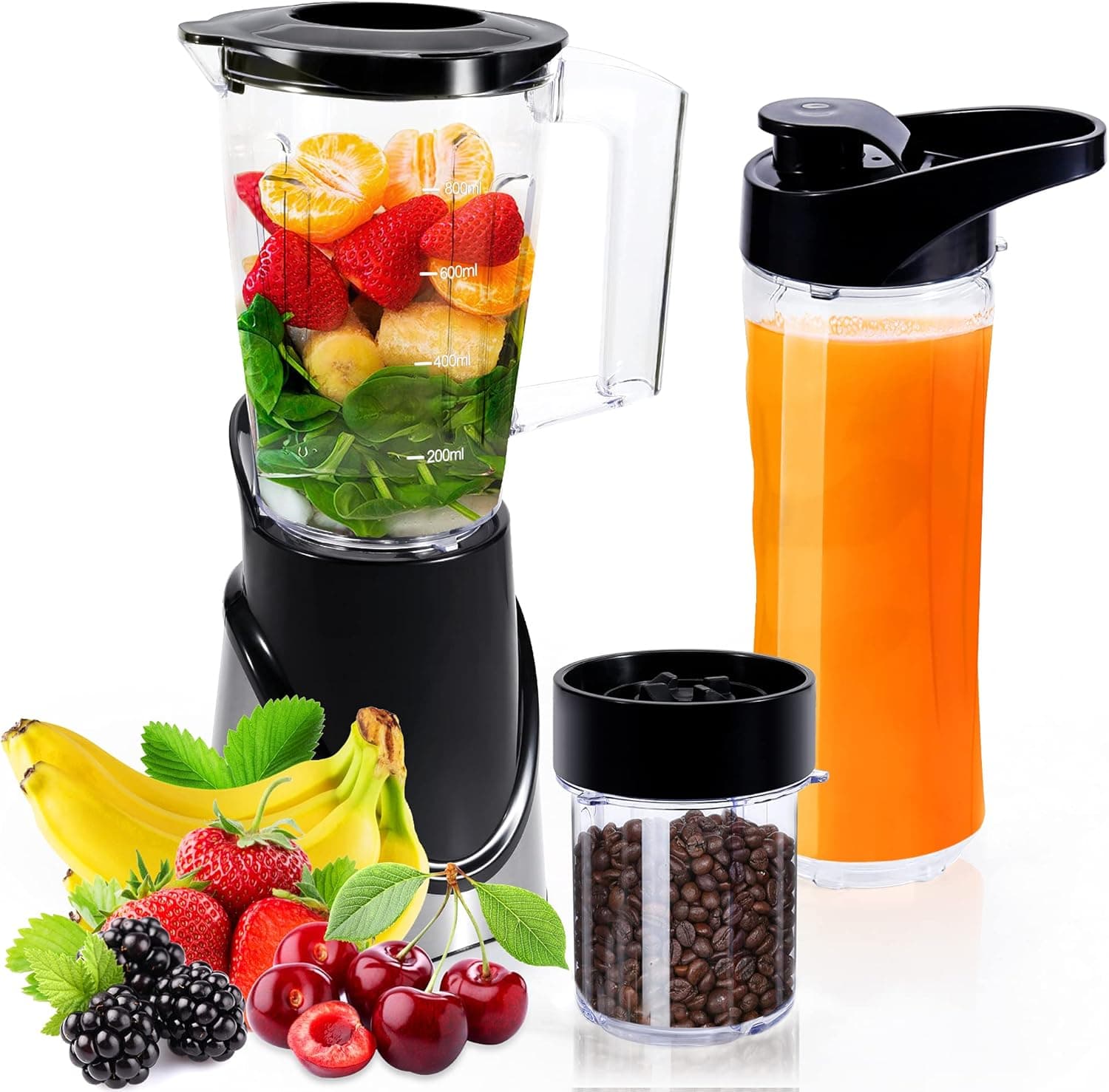 Smoothie Blender, Personal Blender for Shakes, Smoothies, Frozen Blending and Food Prep, 27oz Portable Countertop Blender for Kitchen with BAP FREE Travel Cup and Bean Grinding Cup, 300-Watt Base