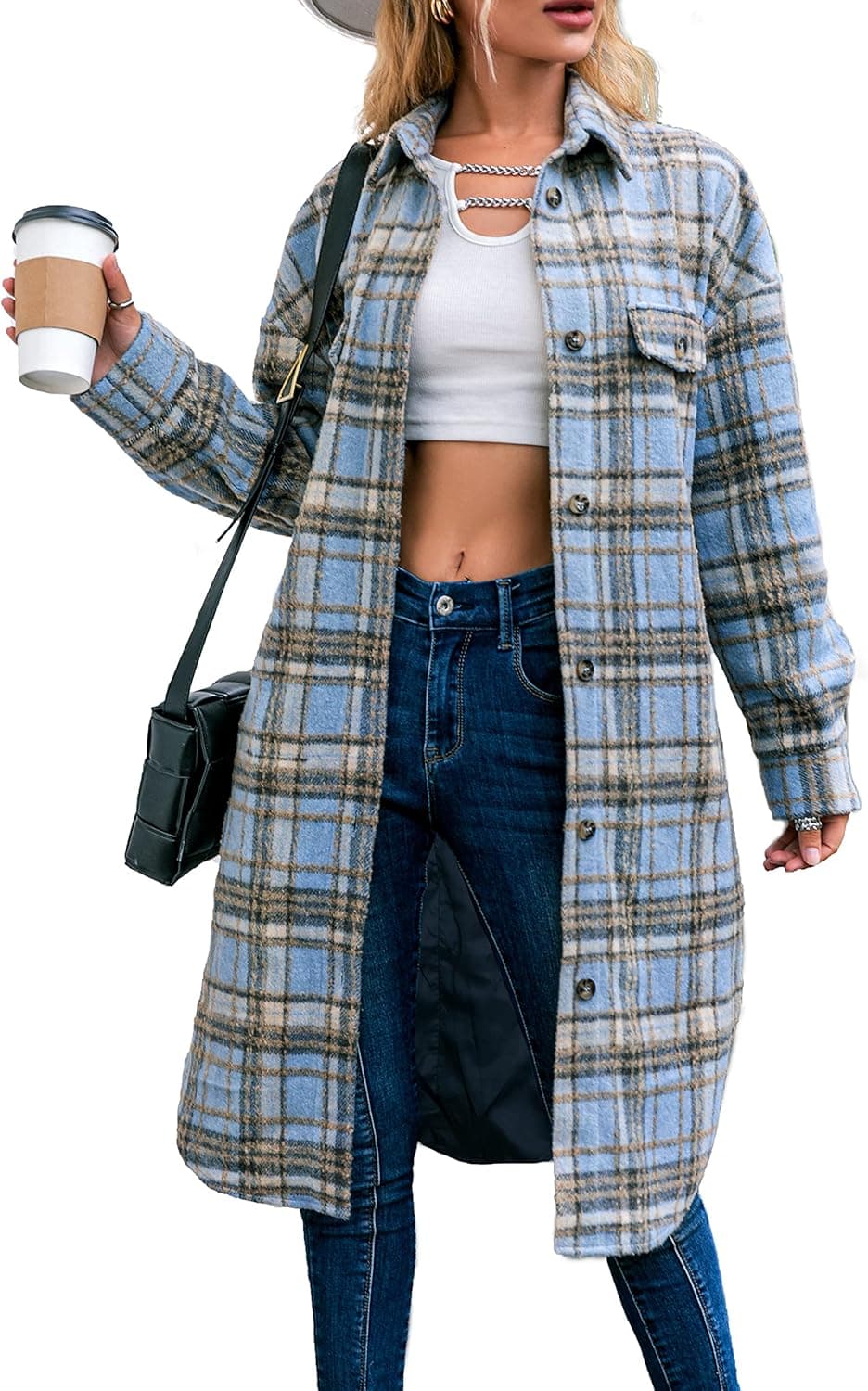 Amegoya Women's Casual Plaid Lapel Shacket Jacket Wool Blend Button Up Shirt Loose Oversize Coat